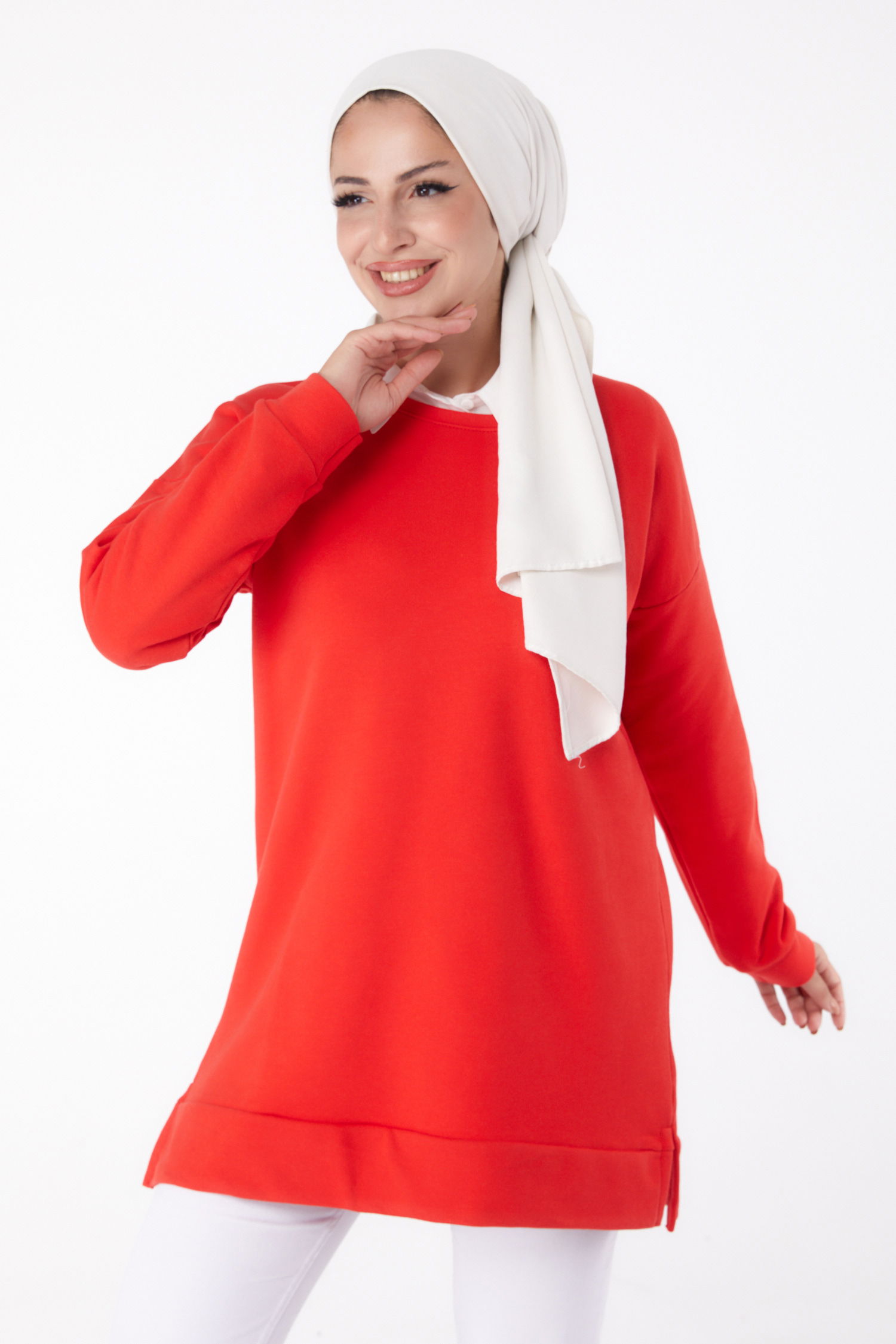 Düz Bisiklet Yaka Kadın Kirmizi Uzun Kollu Sweatshirt - 24653 - 3