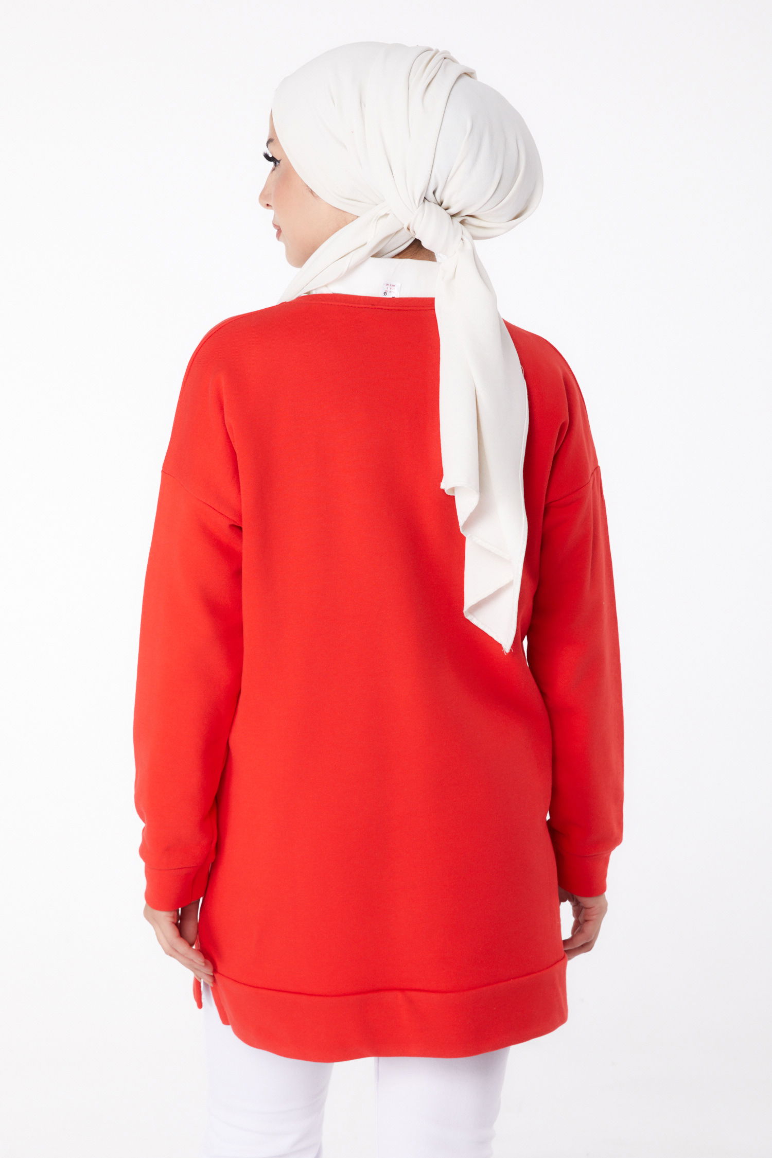 Düz Bisiklet Yaka Kadın Kirmizi Uzun Kollu Sweatshirt - 24653 - 5