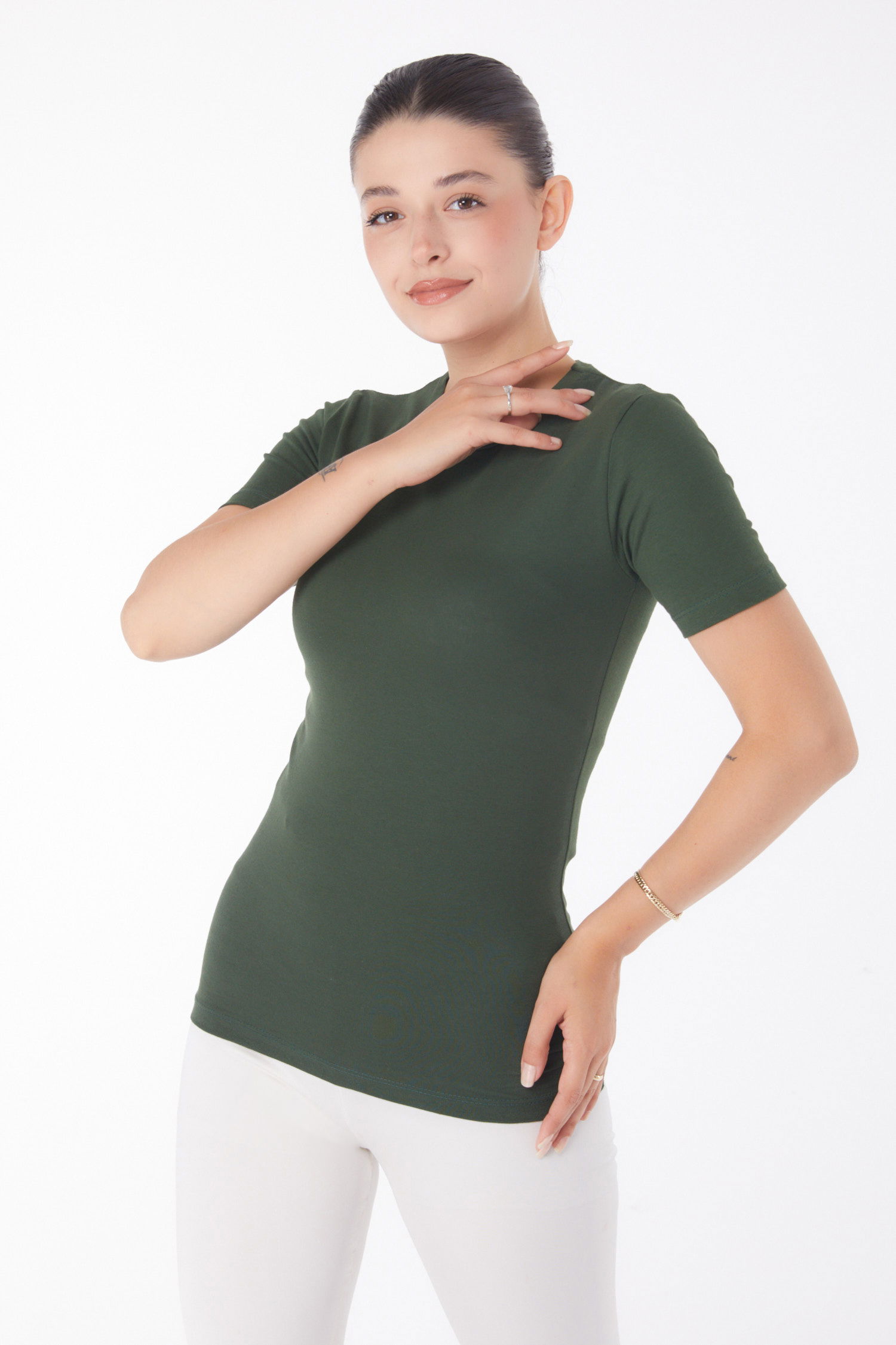Kısa Kollu T-shirt Koyu Haki - 25768 - 3