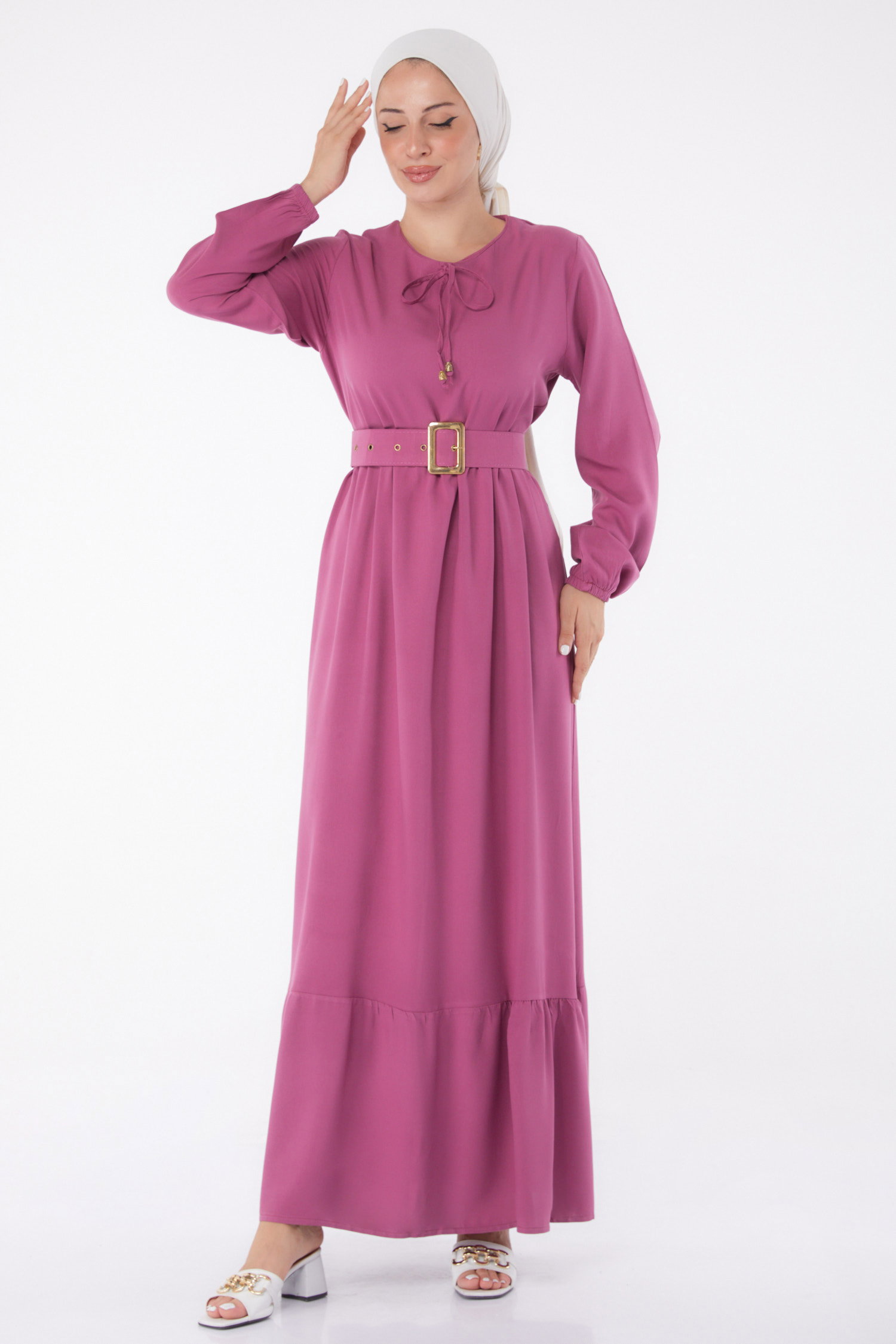 Kemerli Elbise Koyu Lila - 26041 - 2