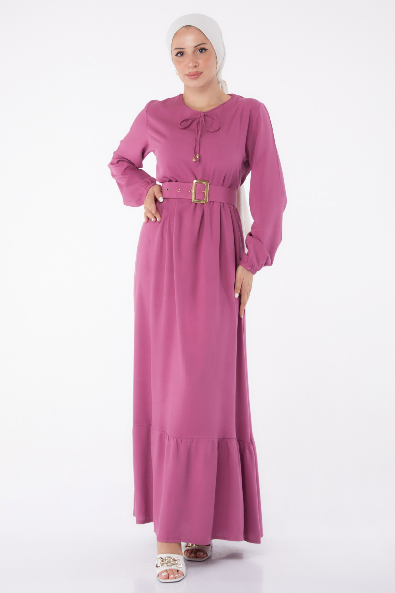 Kemerli Elbise Koyu Lila - 26041 - 3