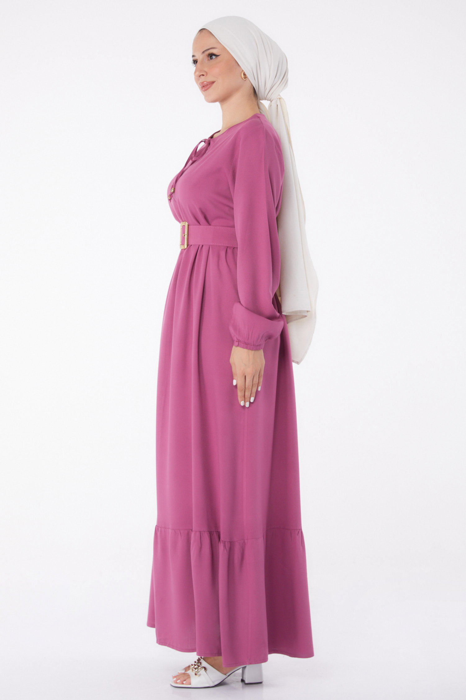 Kemerli Elbise Koyu Lila - 26041 - 4
