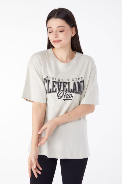 Baskılı Kısa Kollu T-Shirt Krem - 25396 