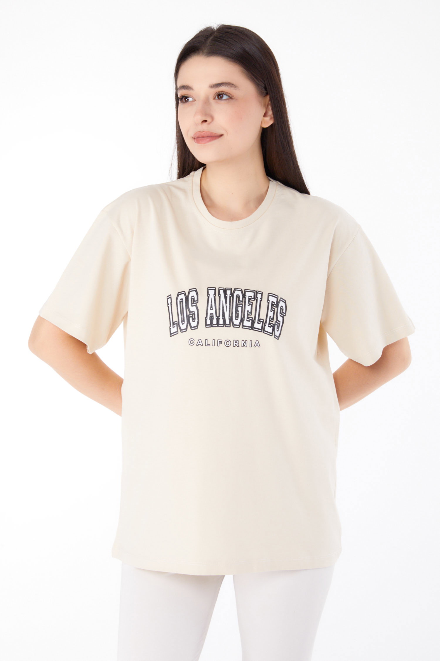 Baskılı T-shirt Krem - 25704 - 1
