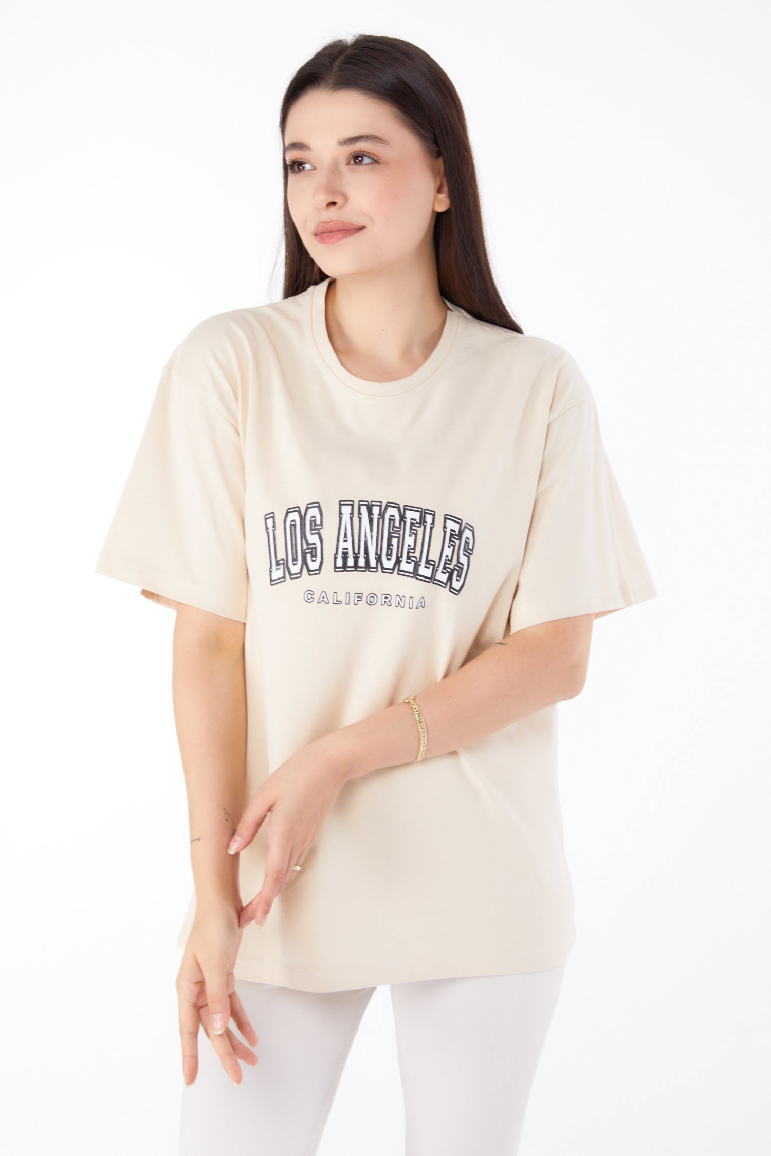Baskılı T-shirt Krem - 25704 - 2