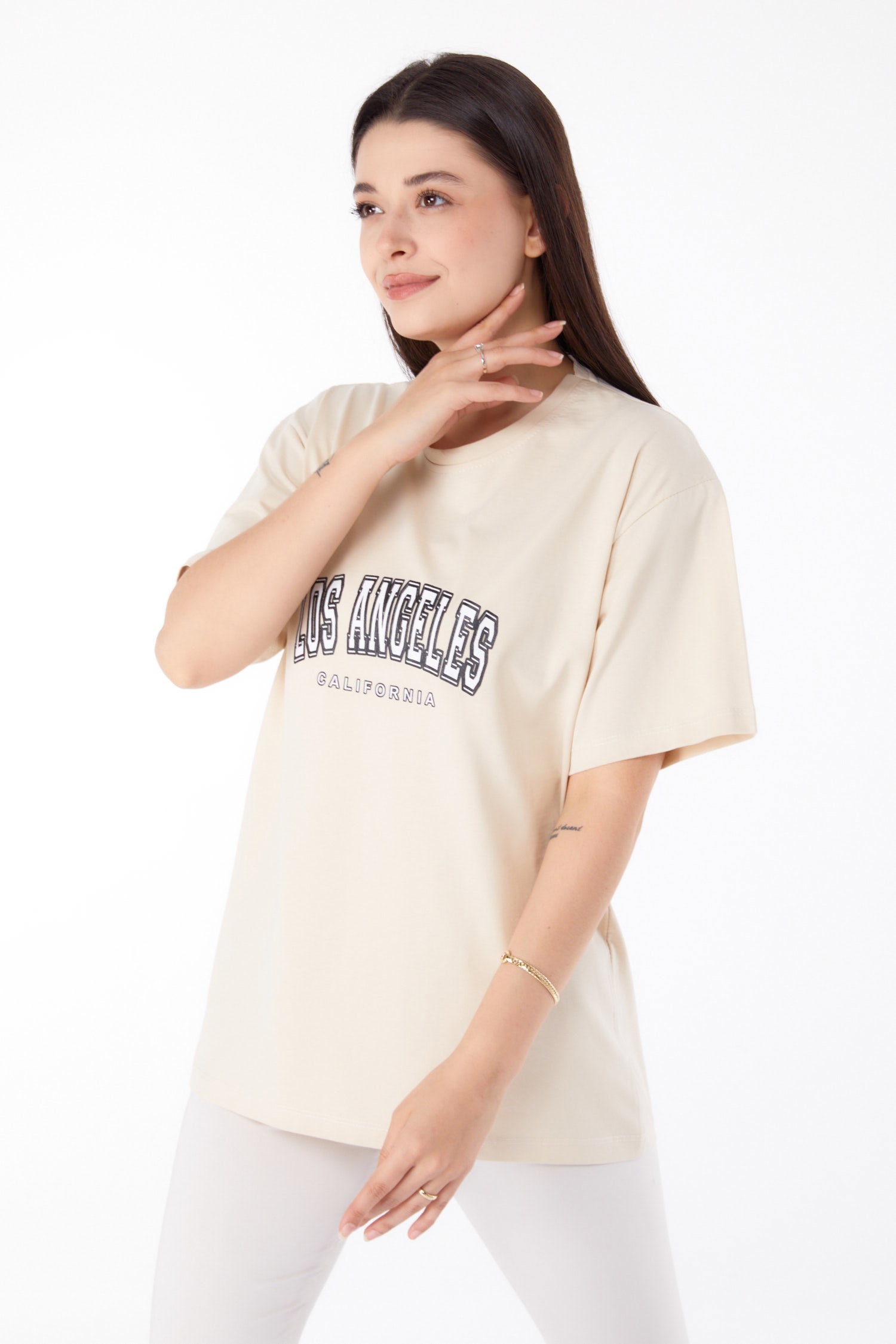Baskılı T-shirt Krem - 25704 - 3