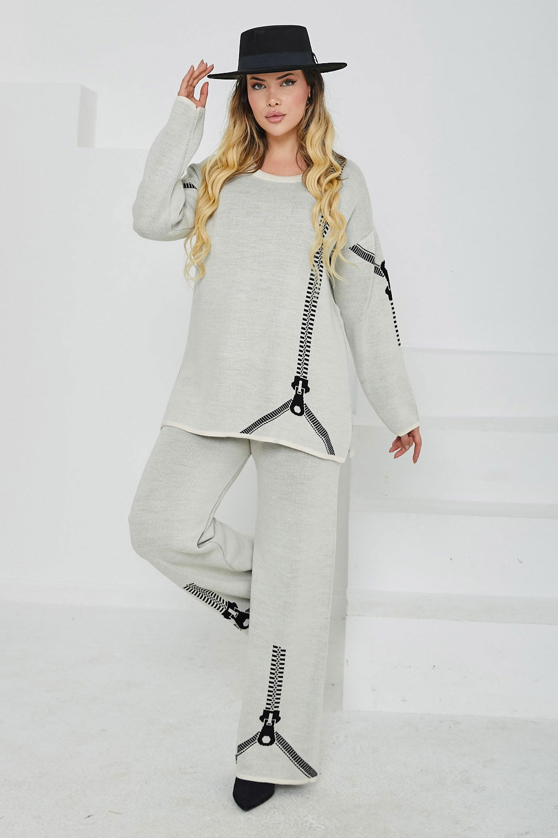 Desenli Triko Takım Krem - 26699 - 1