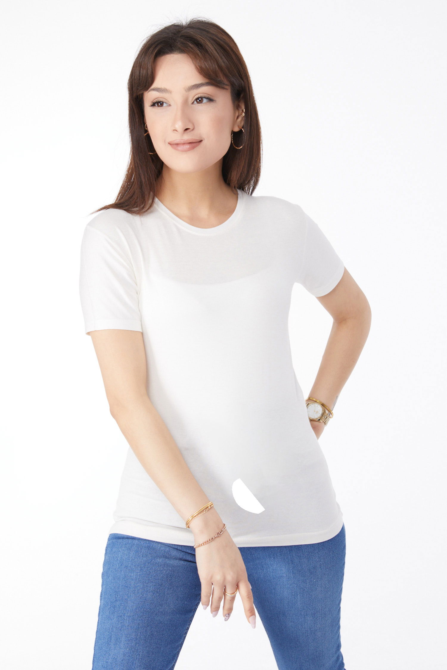Kısa Kollu Baskısız T-shirt Krem - 24764 - 2
