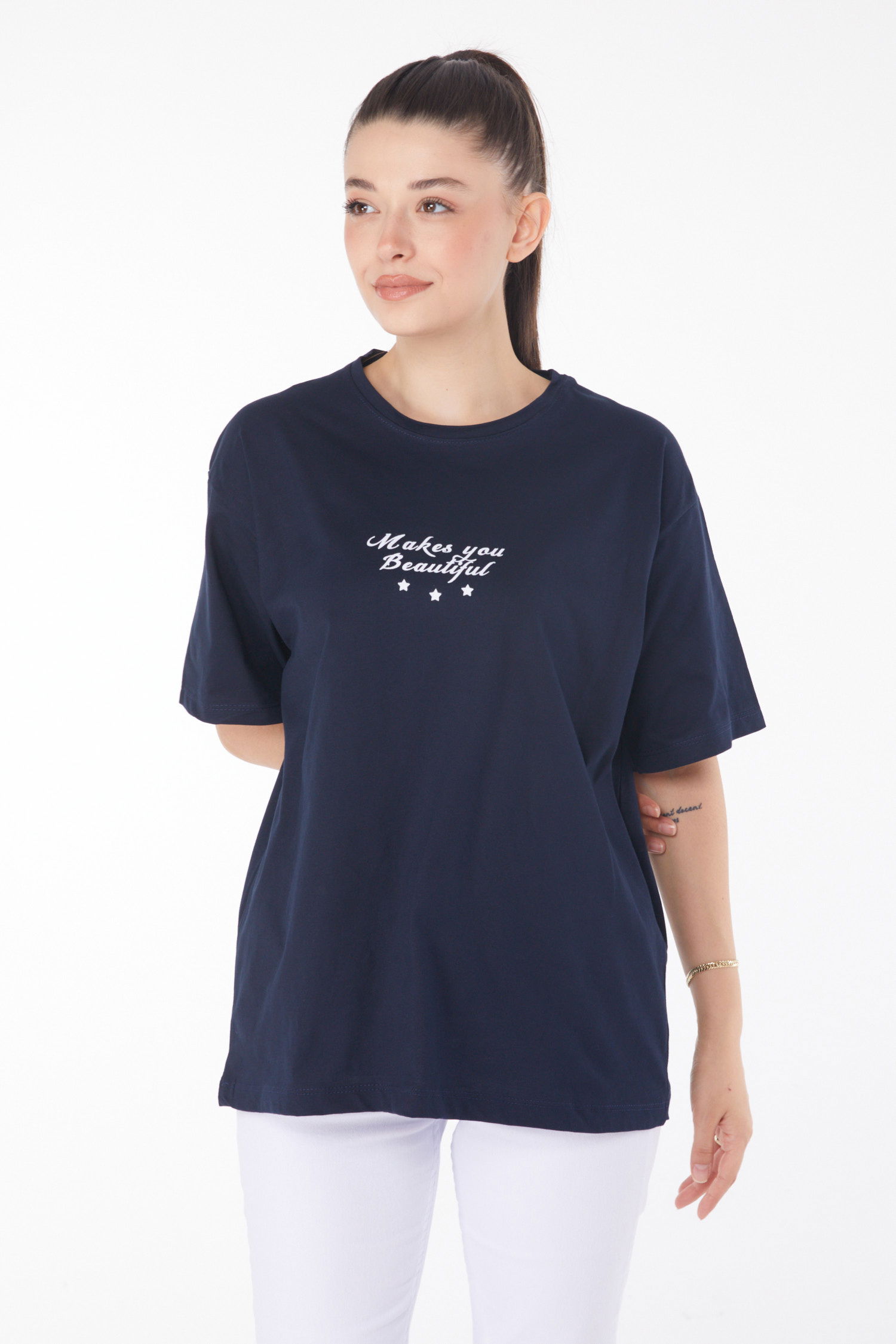 Düz Bisiklet Yaka Kadın Lacivert Baskılı Kısa Kollu T-Shirt - 25393 - 1