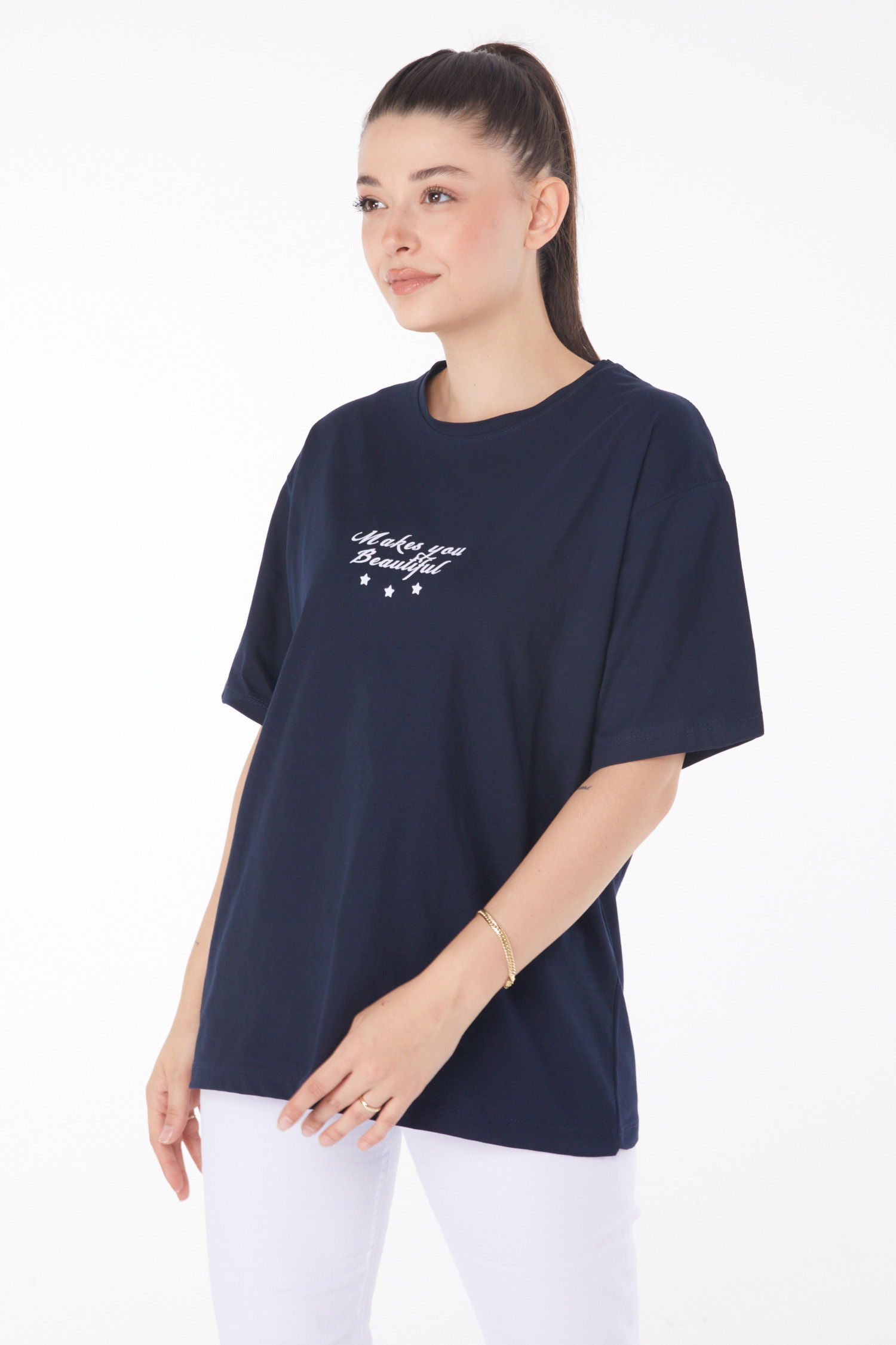 Düz Bisiklet Yaka Kadın Lacivert Baskılı Kısa Kollu T-Shirt - 25393 - 2