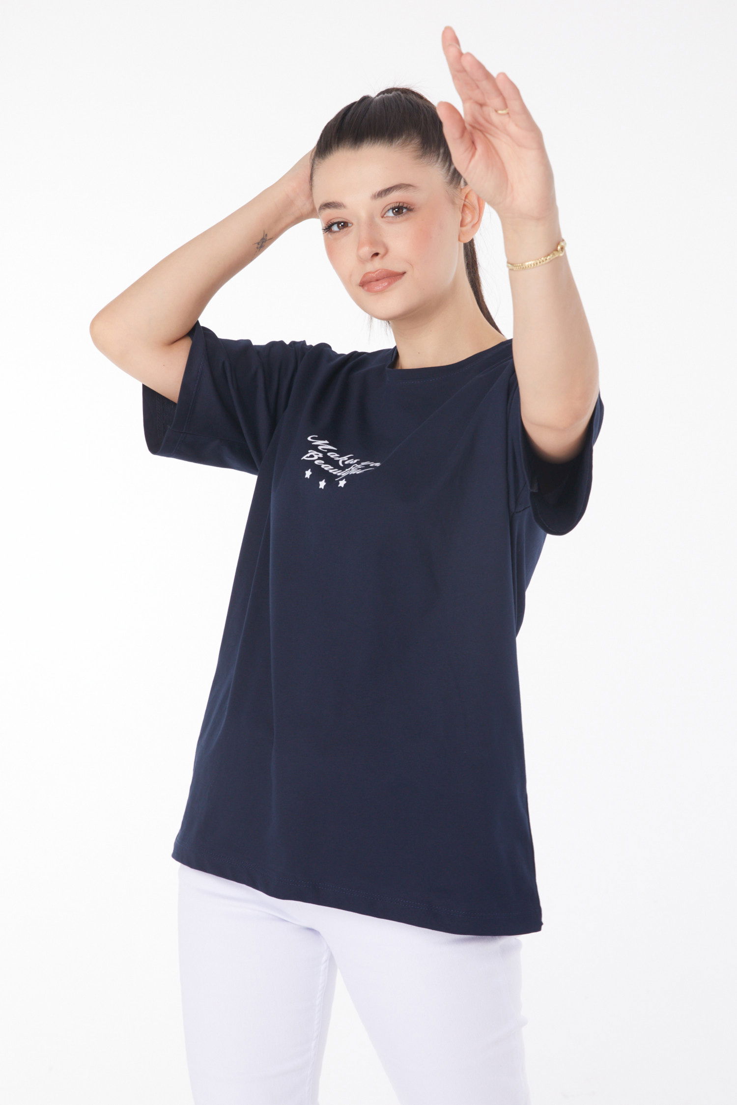 Düz Bisiklet Yaka Kadın Lacivert Baskılı Kısa Kollu T-Shirt - 25393 - 3
