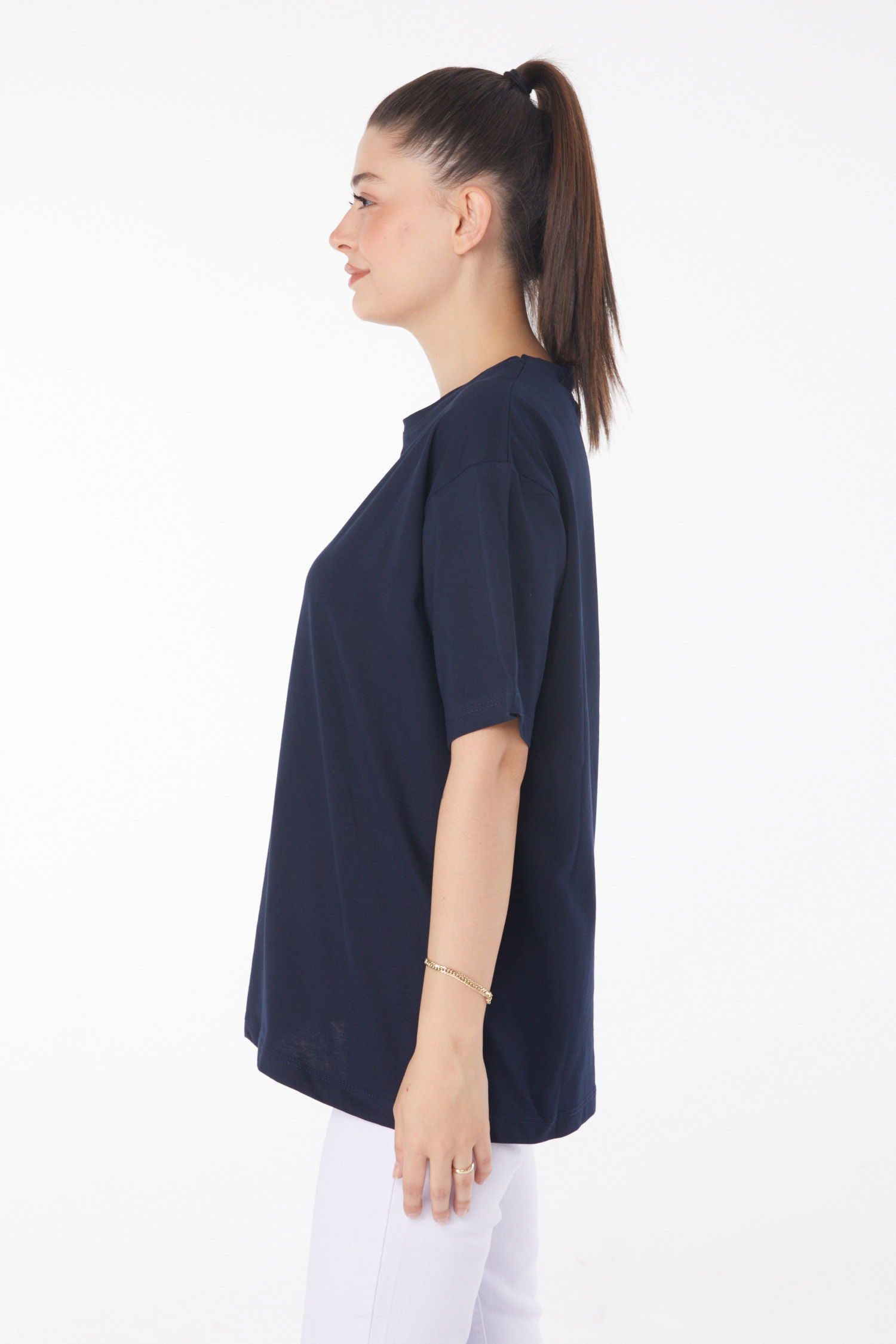 Düz Bisiklet Yaka Kadın Lacivert Baskılı Kısa Kollu T-Shirt - 25393 - 4