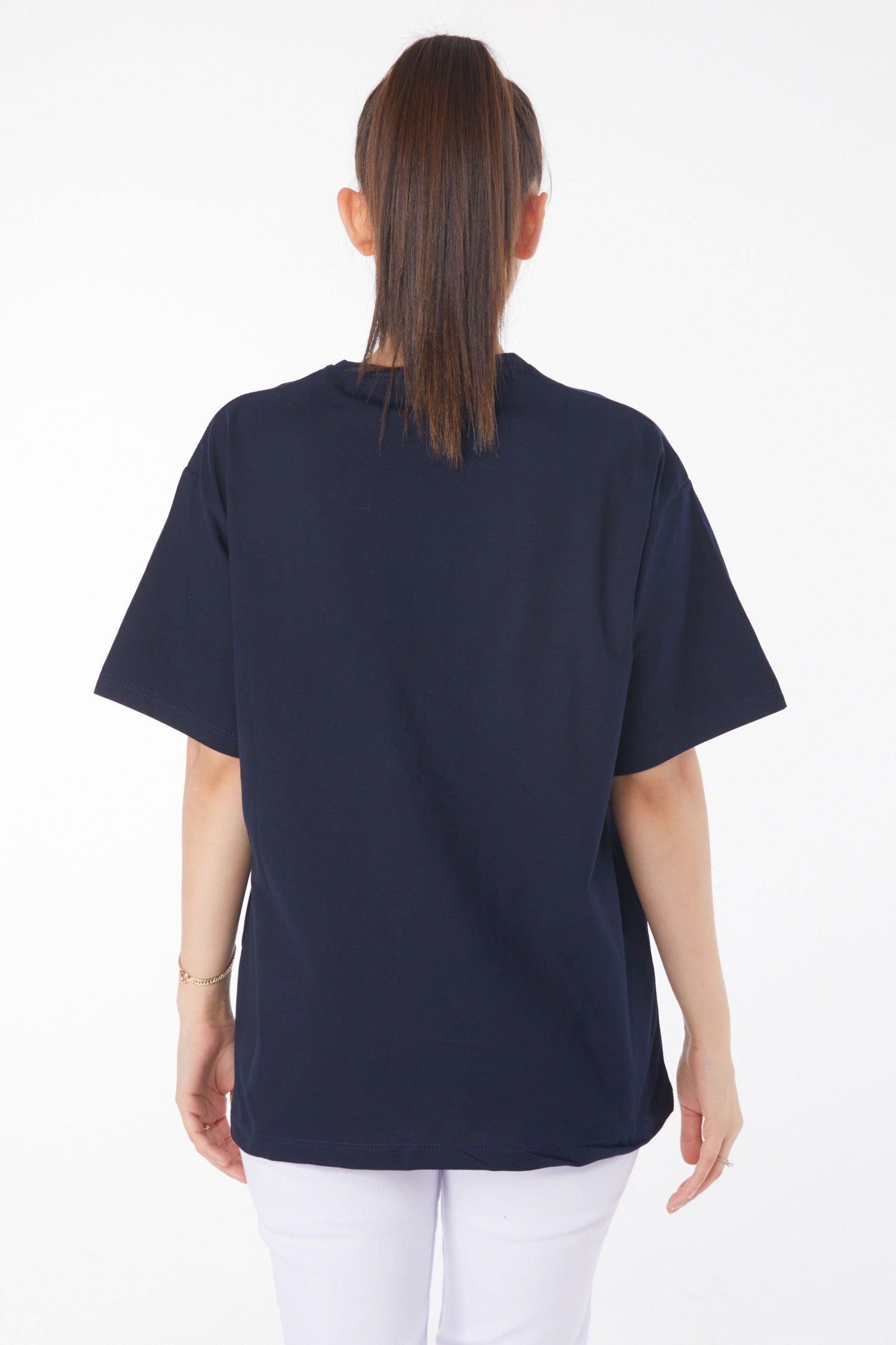 Düz Bisiklet Yaka Kadın Lacivert Baskılı Kısa Kollu T-Shirt - 25393 - 5
