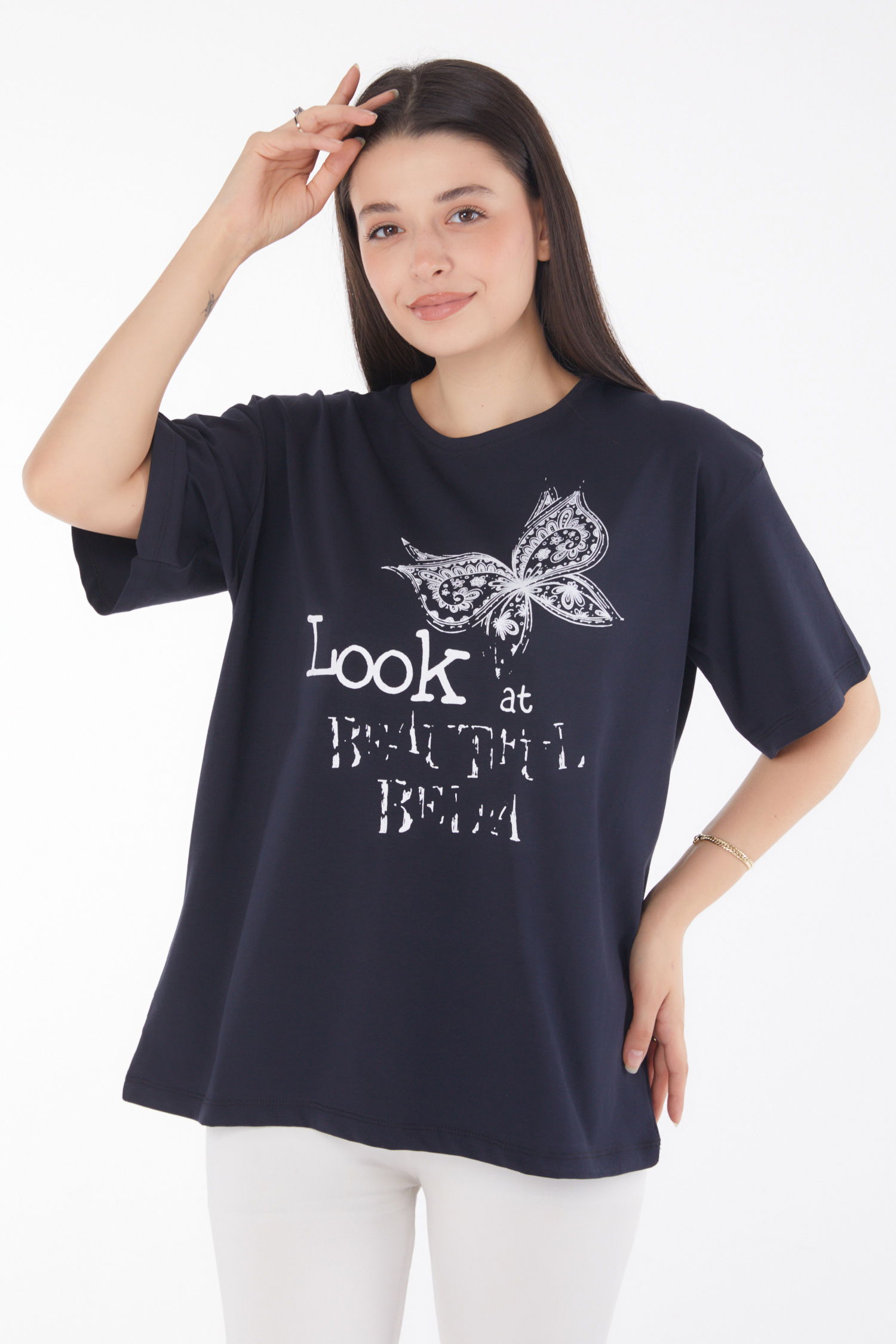 Düz Bisiklet Yaka Kadın Lacivert Baskılı Kısa Kollu T-shirt - 25766 - 1