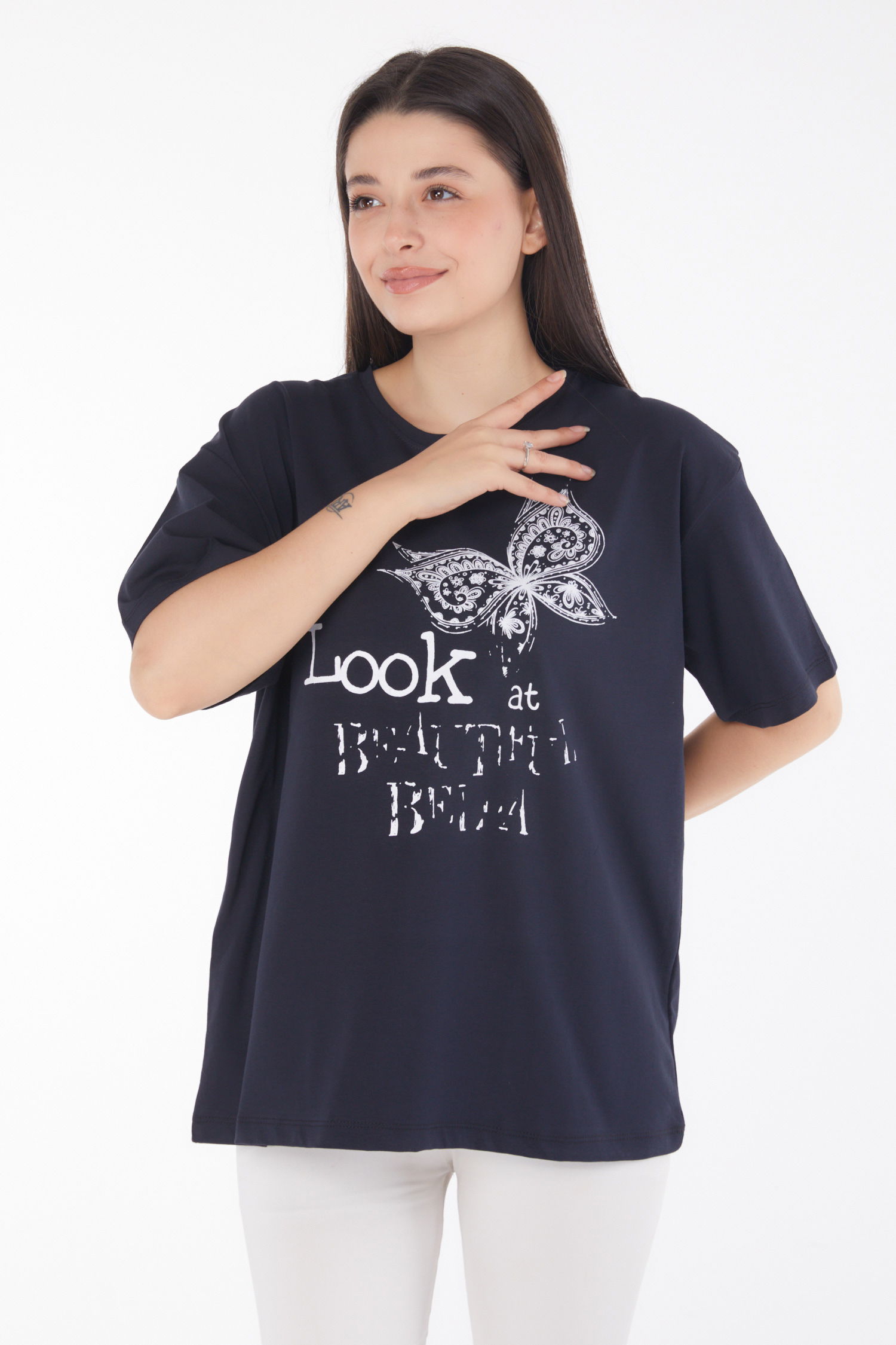 Düz Bisiklet Yaka Kadın Lacivert Baskılı Kısa Kollu T-shirt - 25766 - 2