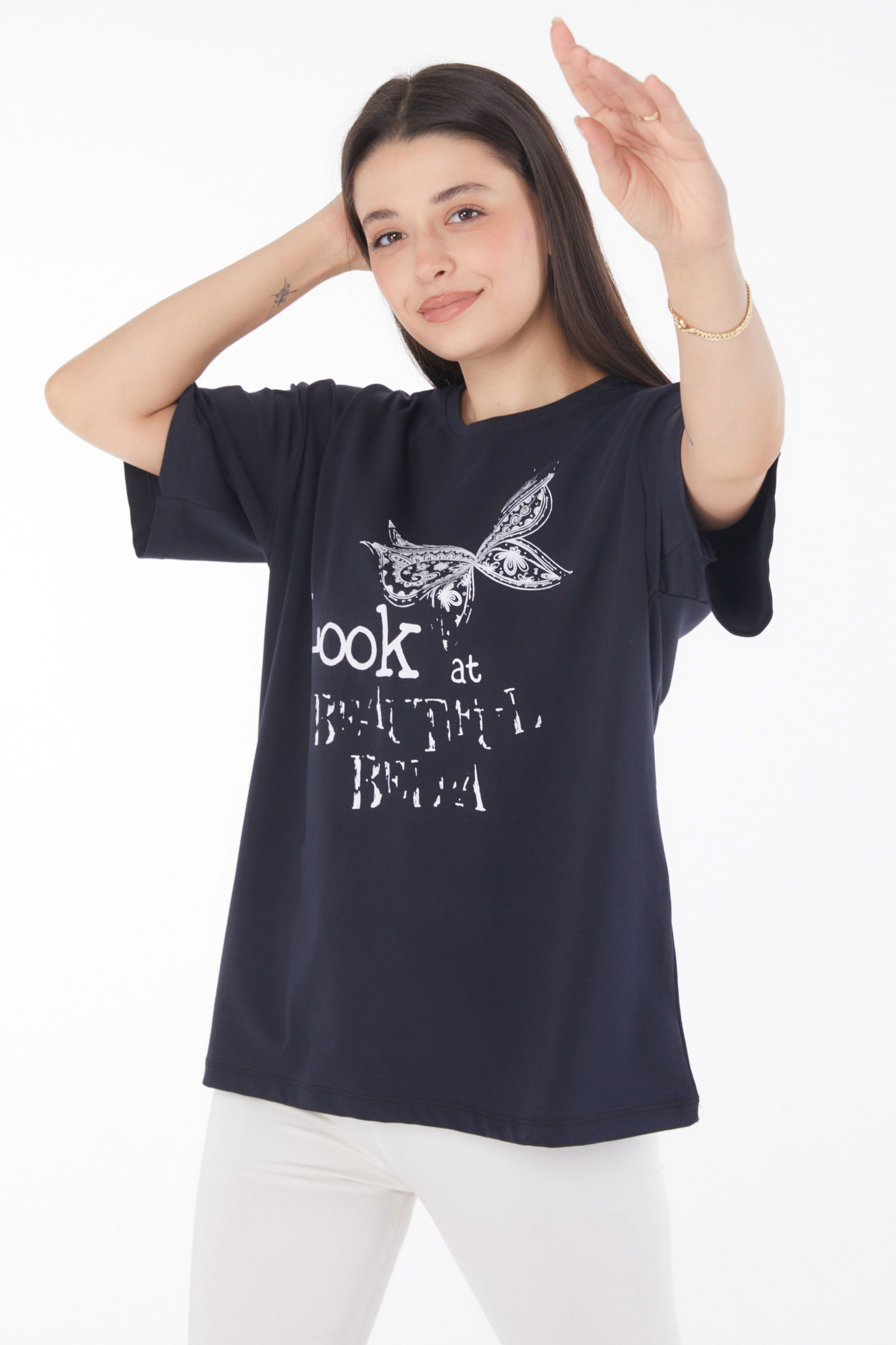 Düz Bisiklet Yaka Kadın Lacivert Baskılı Kısa Kollu T-shirt - 25766 - 3