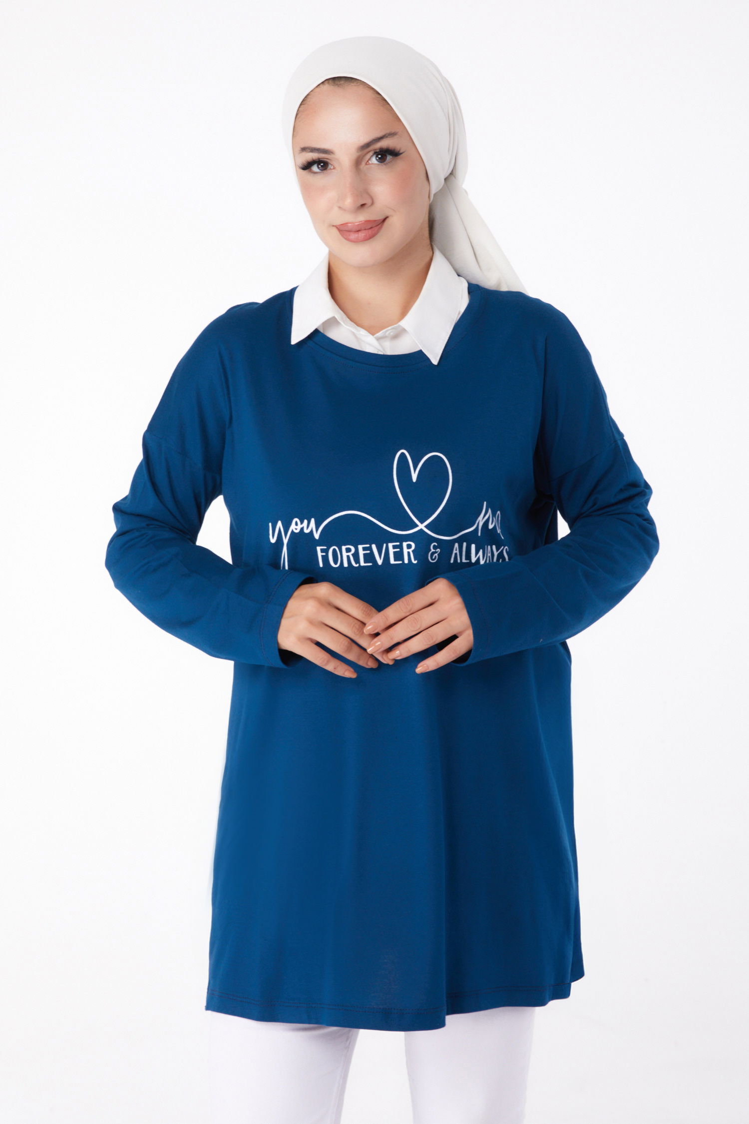 Düz Bisiklet Yaka Kadın Lacivert Baskılı Sweat - 26238 - 2