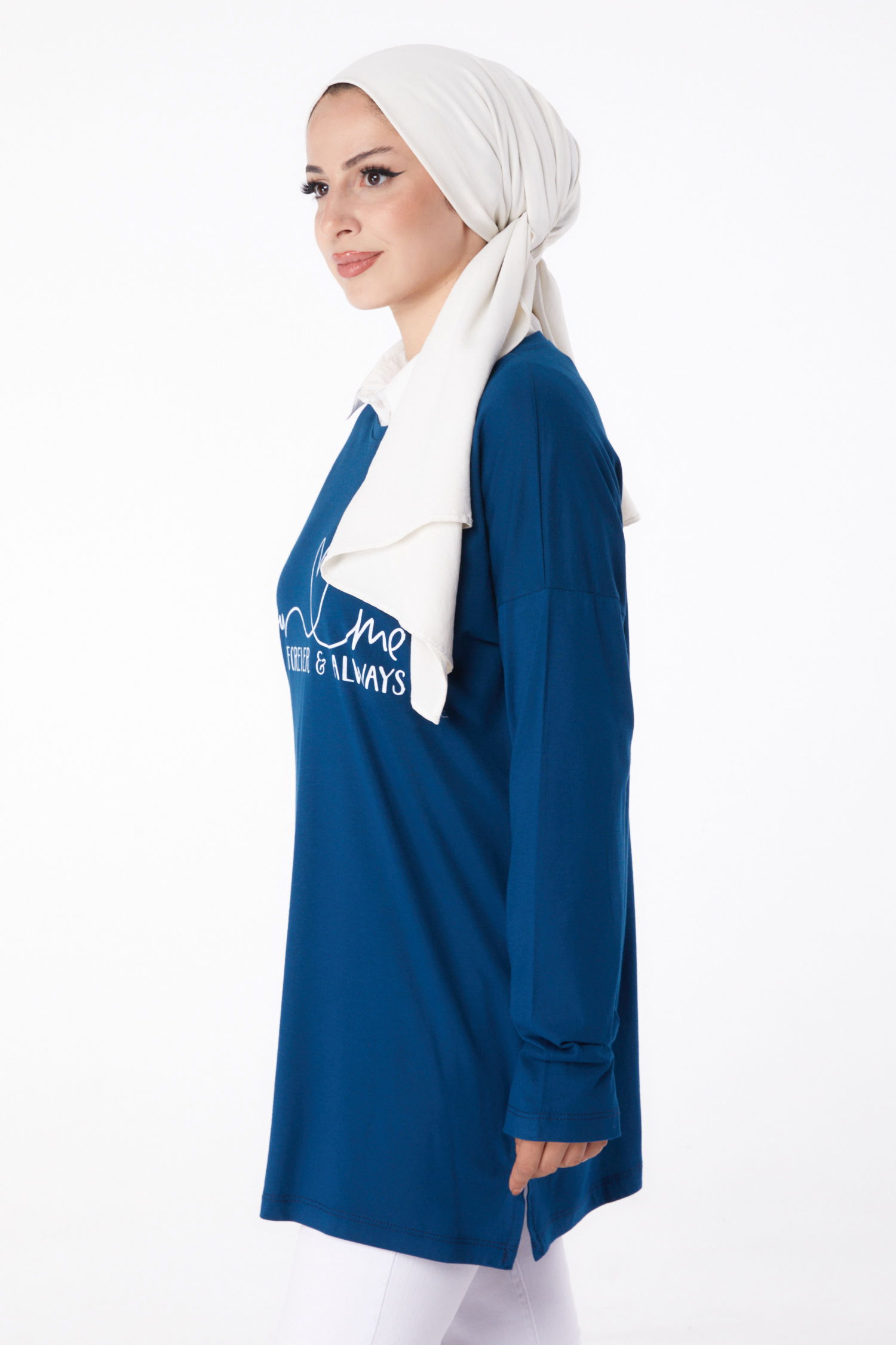 Düz Bisiklet Yaka Kadın Lacivert Baskılı Sweat - 26238 - 4