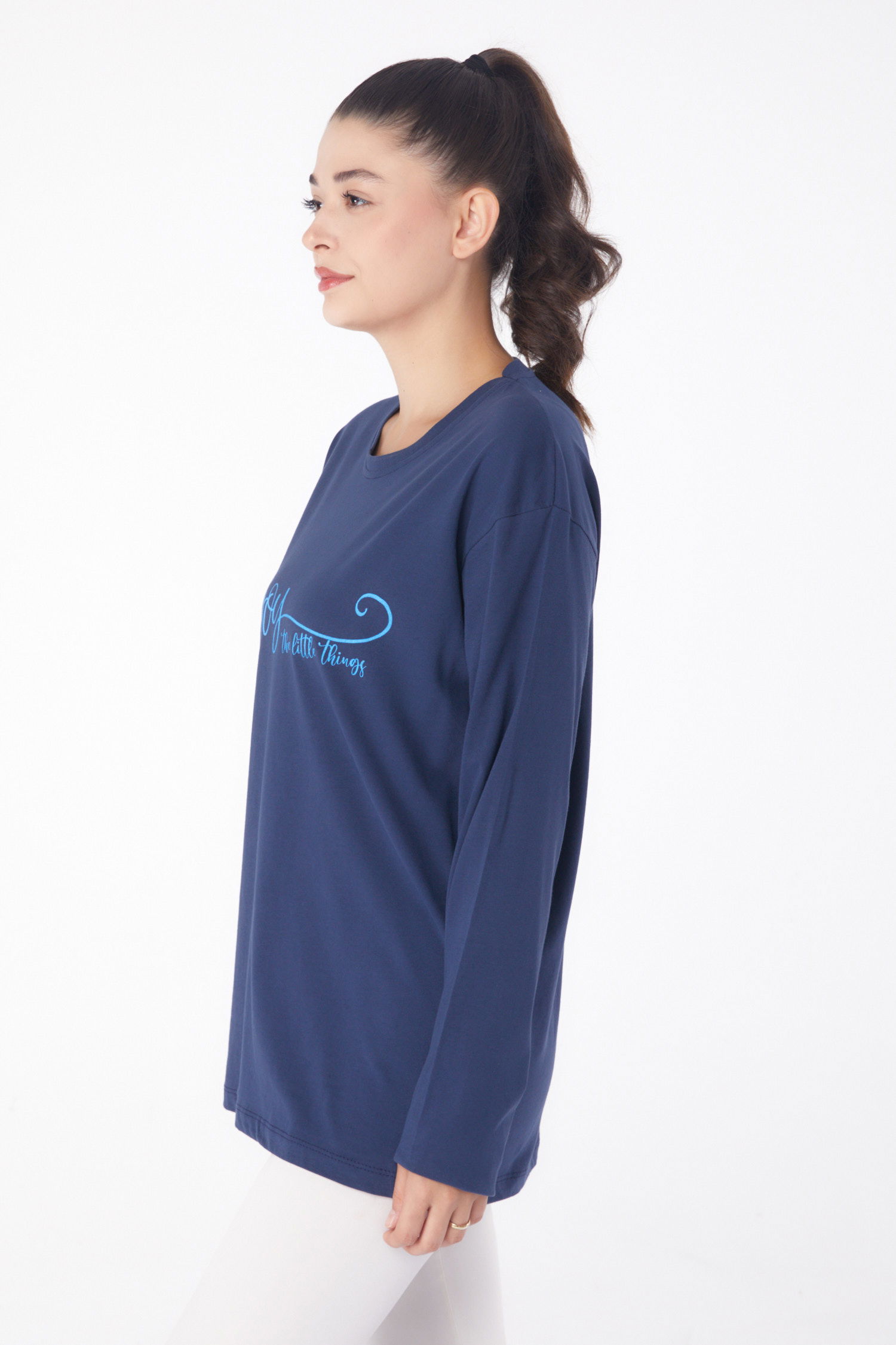 Düz Bisiklet Yaka Kadın Lacivert Baskılı Sweat - 26240 - 3