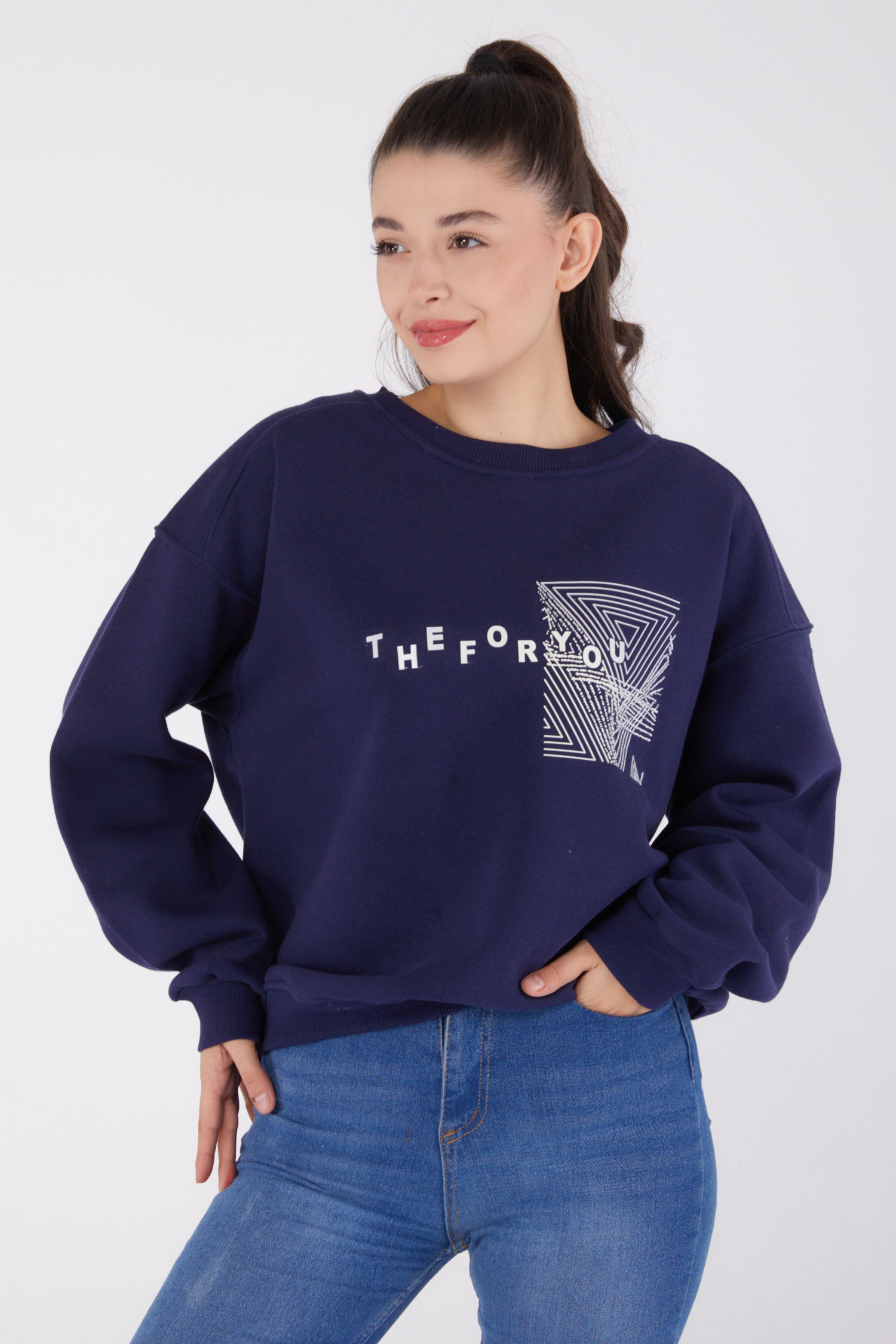 Düz Bisiklet Yaka Kadın Lacivert Baskılı Sweatshirt - 26473 - 1