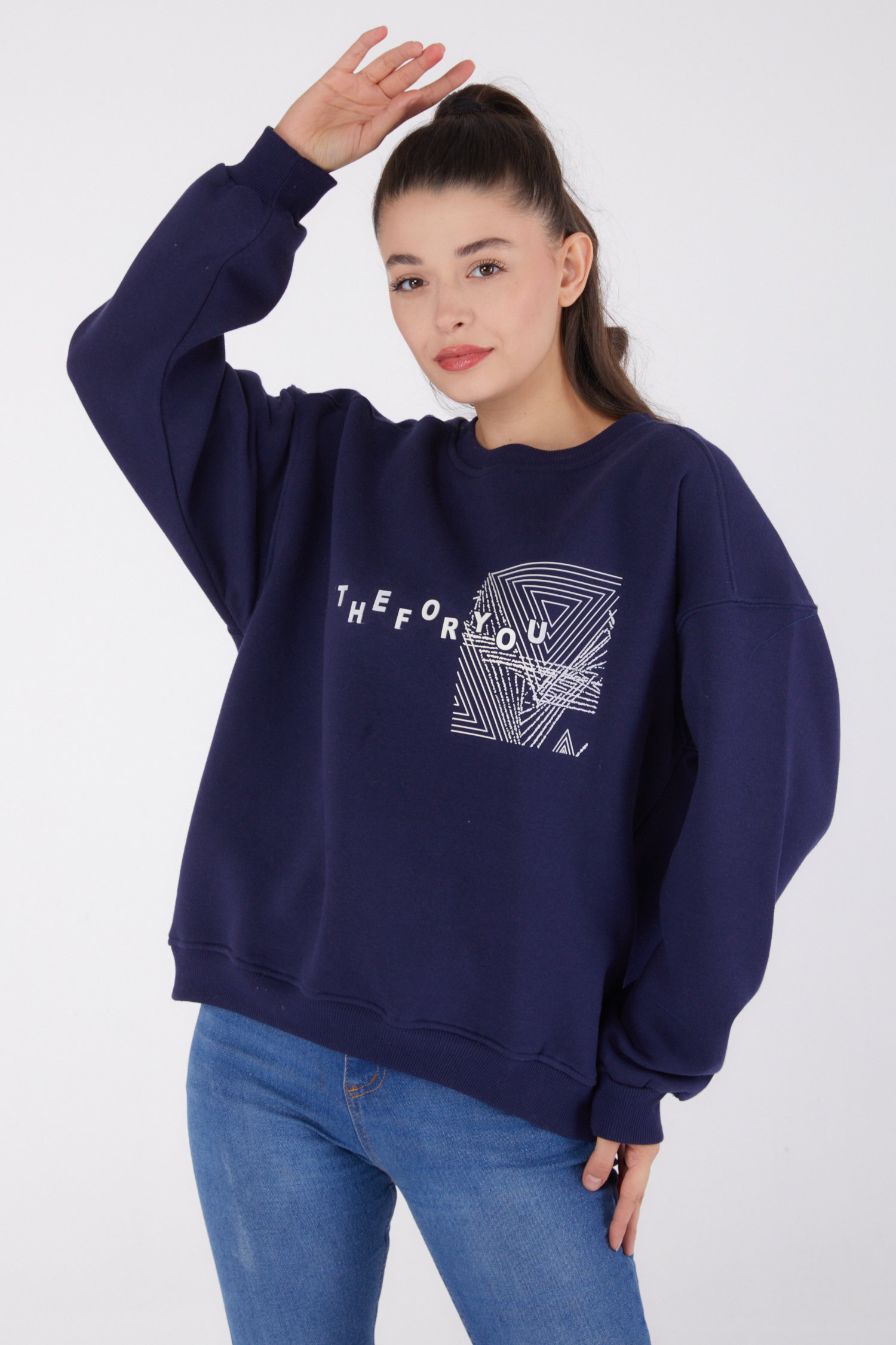 Düz Bisiklet Yaka Kadın Lacivert Baskılı Sweatshirt - 26473 - 2