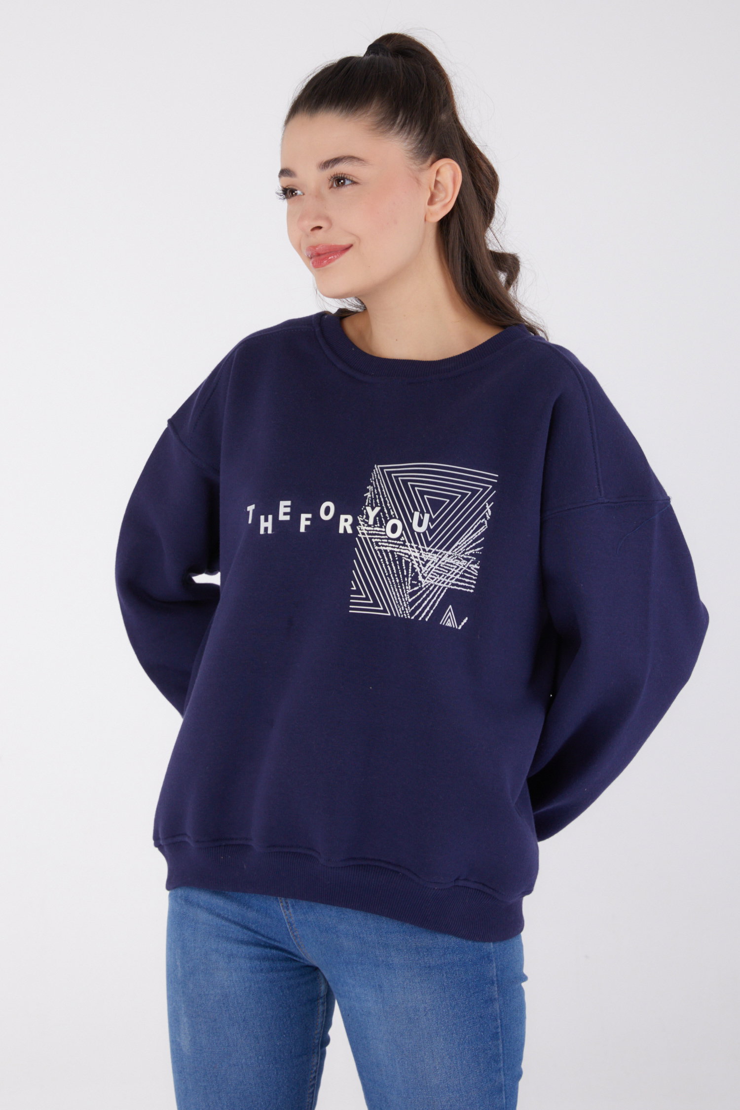 Düz Bisiklet Yaka Kadın Lacivert Baskılı Sweatshirt - 26473 - 3