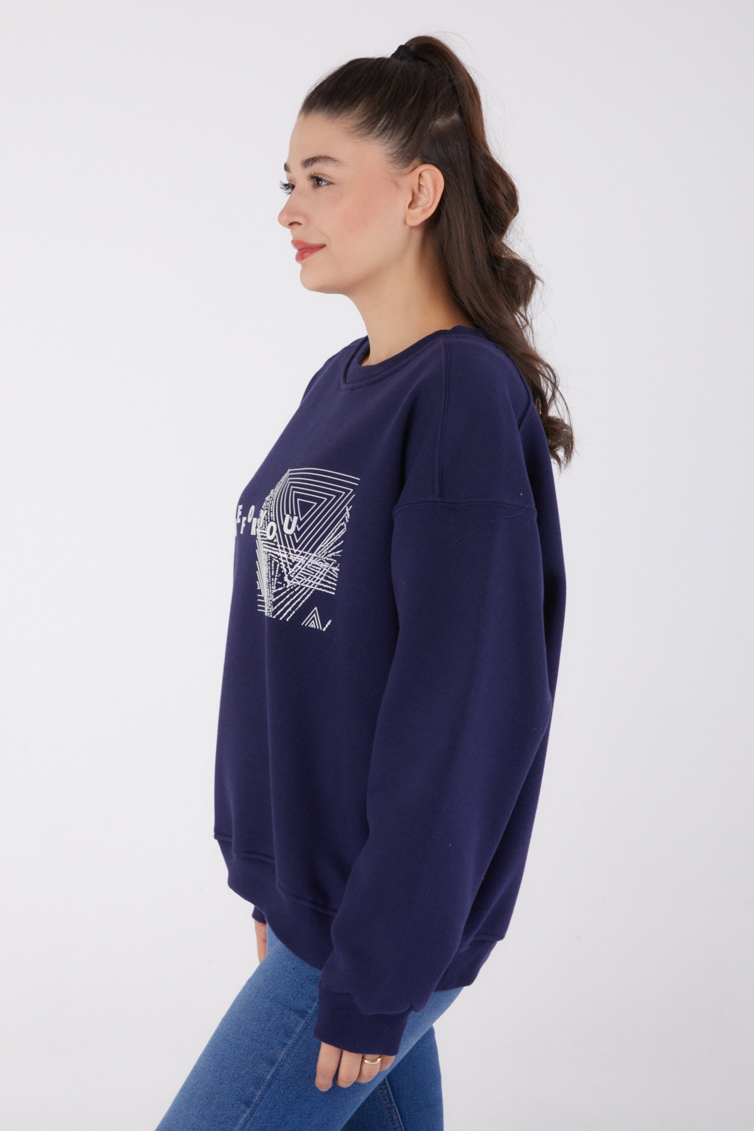 Düz Bisiklet Yaka Kadın Lacivert Baskılı Sweatshirt - 26473 - 4