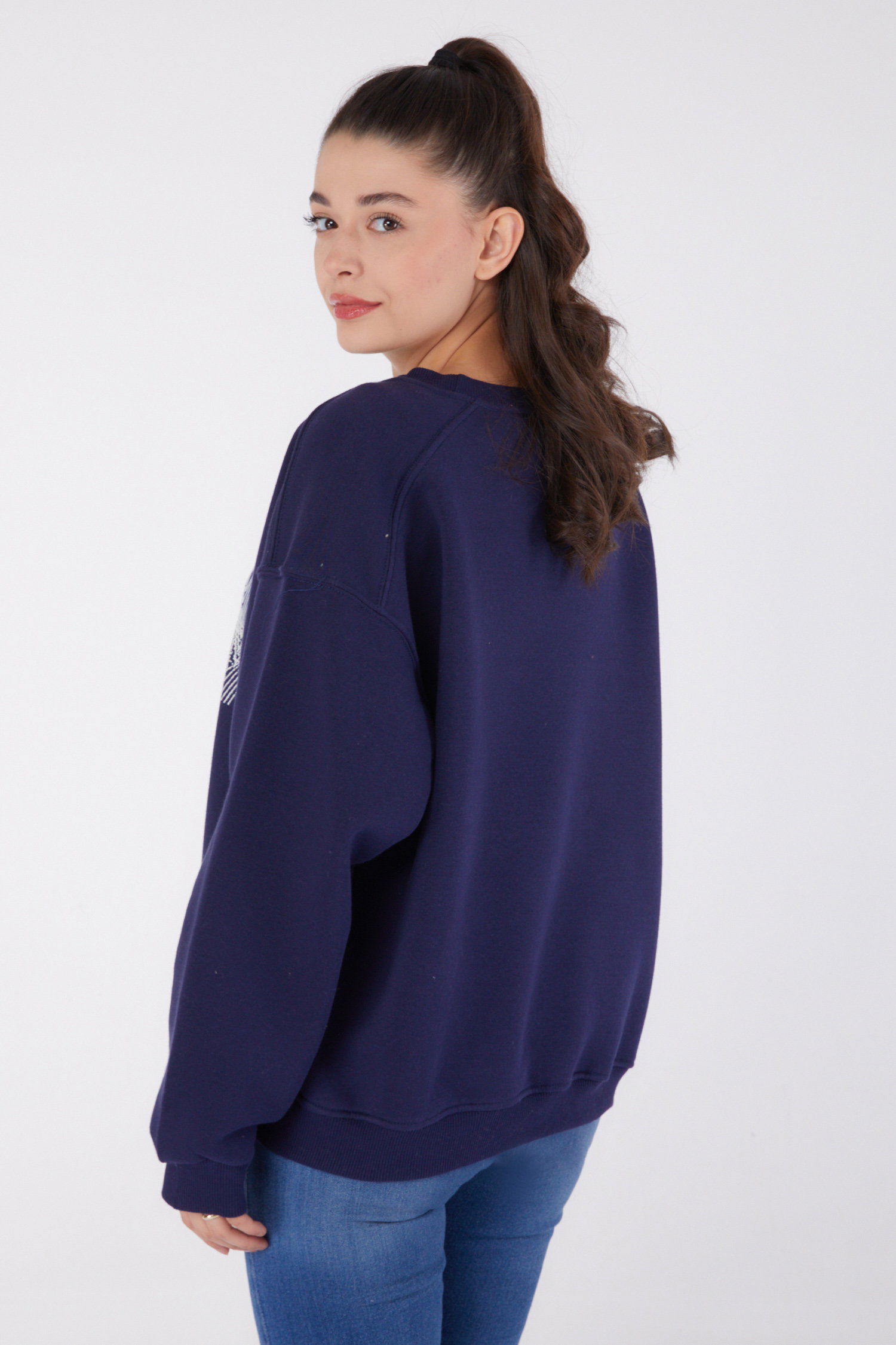 Düz Bisiklet Yaka Kadın Lacivert Baskılı Sweatshirt - 26473 - 5