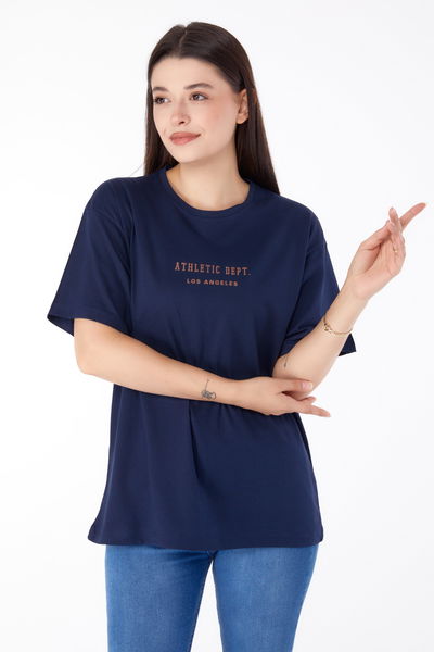 Düz Bisiklet Yaka Kadın Lacivert Baskılı T-shirt - 25693 