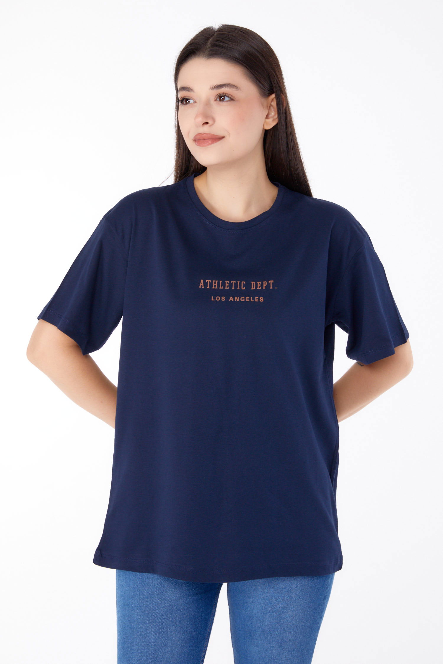 Düz Bisiklet Yaka Kadın Lacivert Baskılı T-shirt - 25693 - 2
