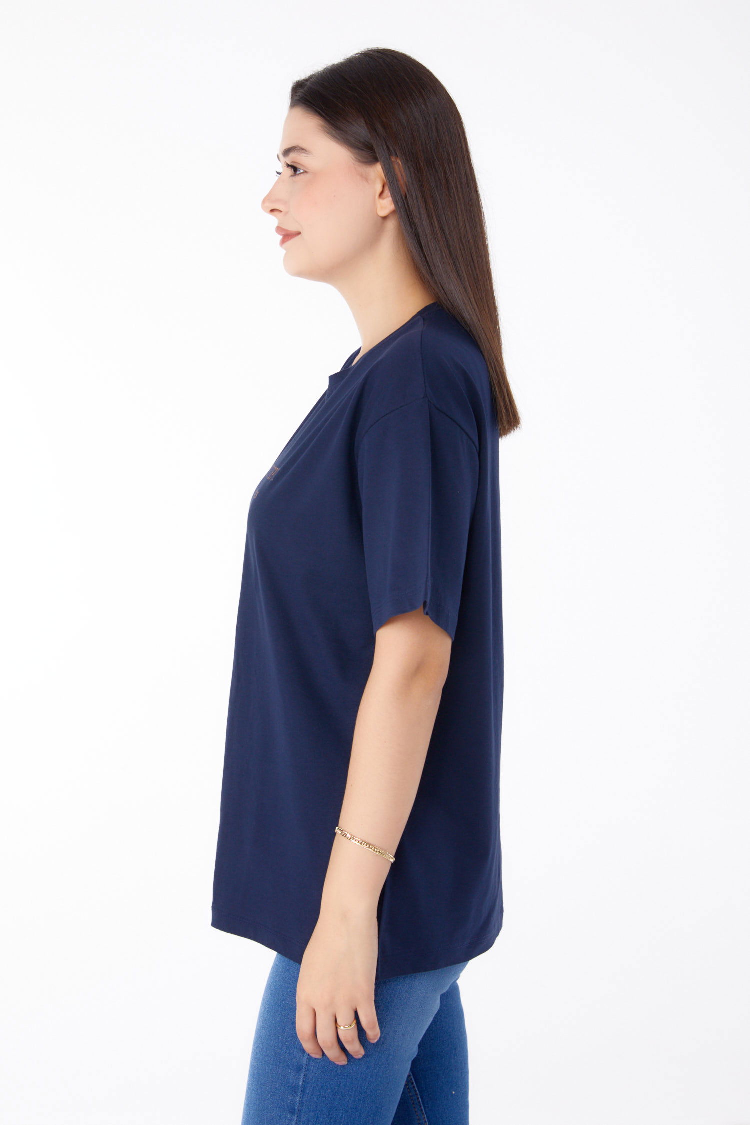 Düz Bisiklet Yaka Kadın Lacivert Baskılı T-shirt - 25693 - 3