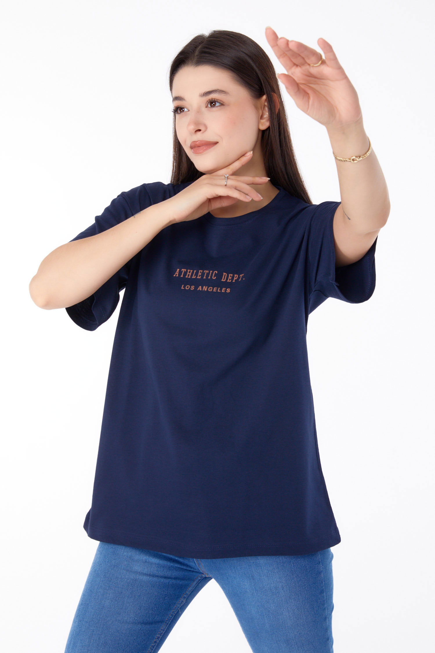 Düz Bisiklet Yaka Kadın Lacivert Baskılı T-shirt - 25693 - 4