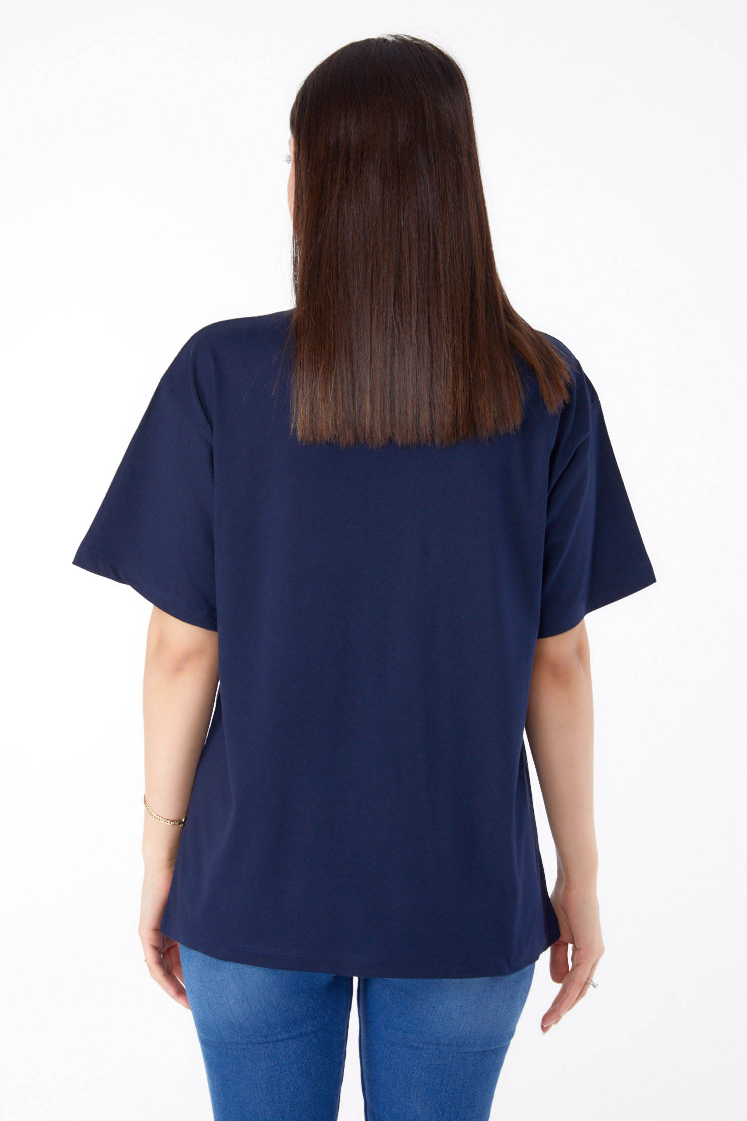 Düz Bisiklet Yaka Kadın Lacivert Baskılı T-shirt - 25693 - 5