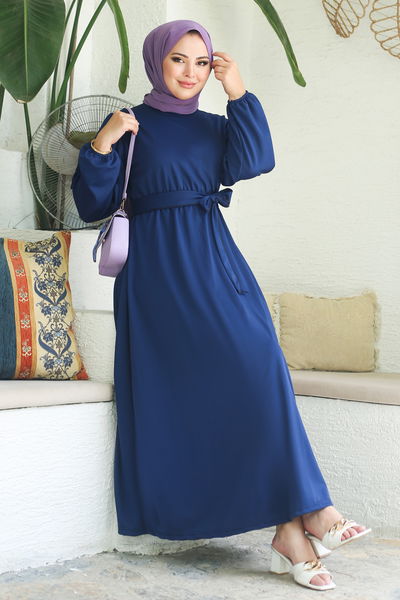 Büzgülü Elbise Lacivert - 13246 
