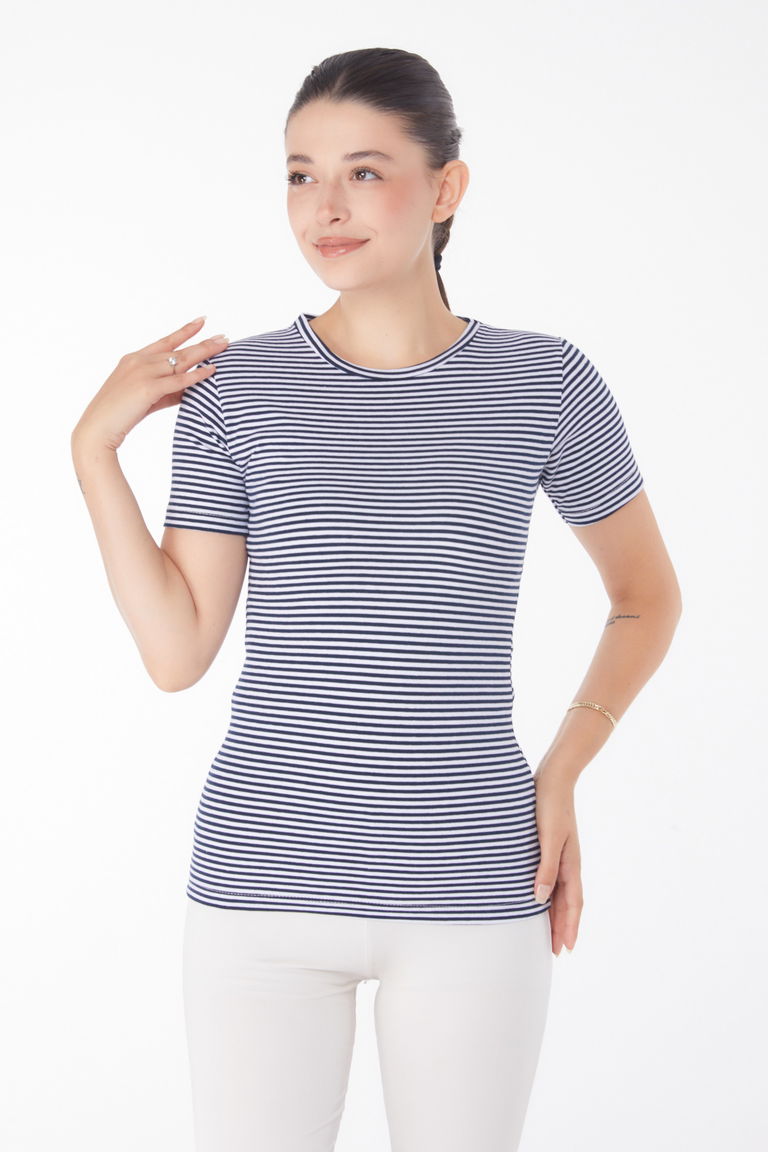 Çizgili Kısa Kollu T-shirt Lacivert - 25763 - TOFİSA