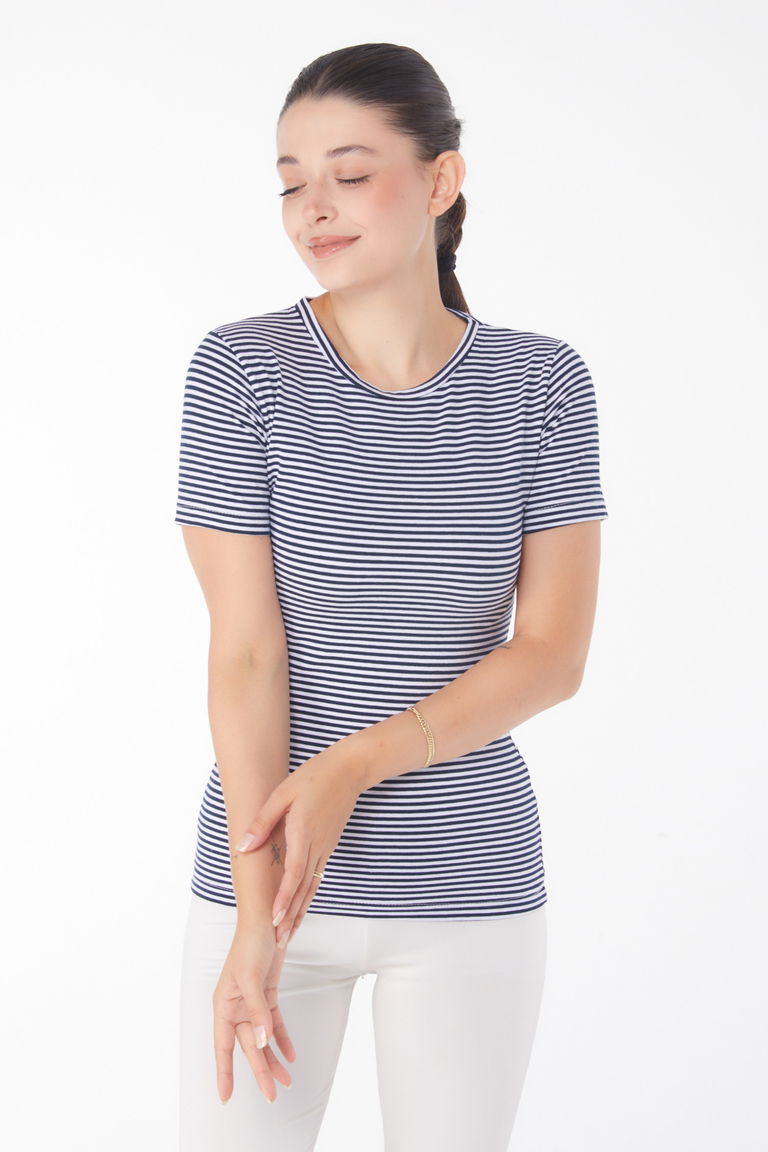 Çizgili Kısa Kollu T-shirt Lacivert - 25763 - TOFİSA