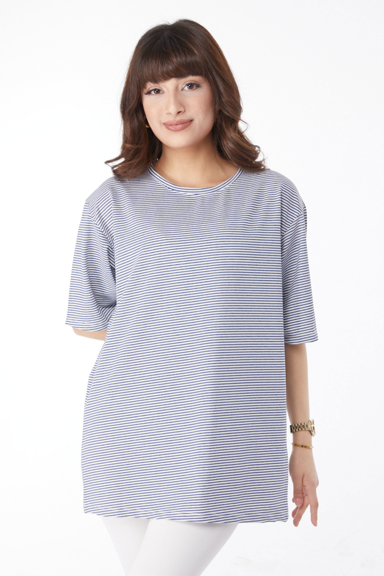 Düz Bisiklet Yaka Kadın Lacivert Çizglİi T-short - 25119 - 1