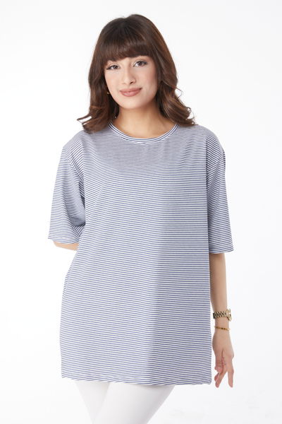 Düz Bisiklet Yaka Kadın Lacivert Çizglİi T-short - 25119 