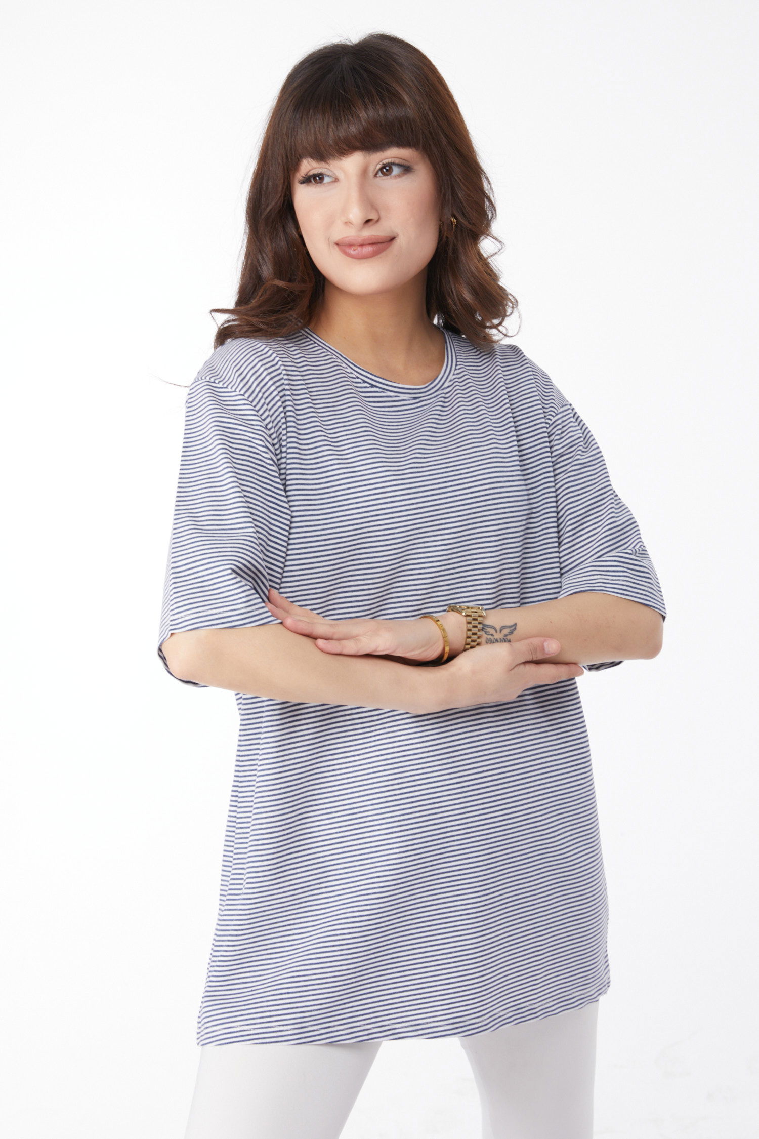 Düz Bisiklet Yaka Kadın Lacivert Çizglİi T-short - 25119 - 2