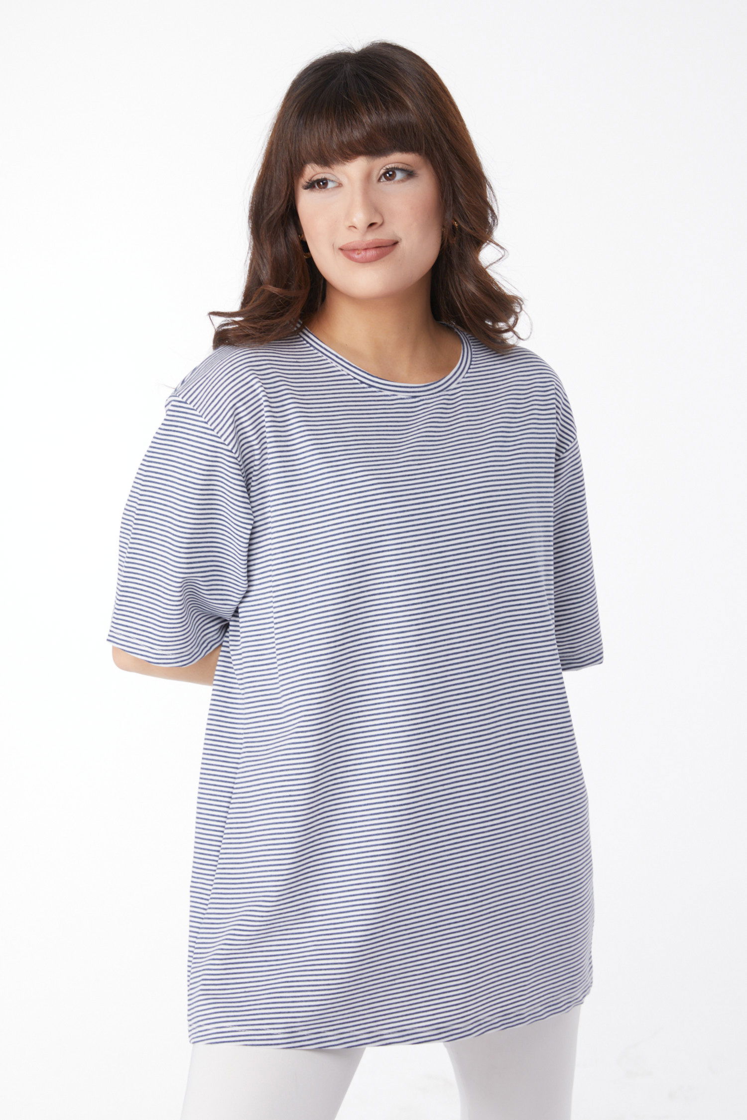 Düz Bisiklet Yaka Kadın Lacivert Çizglİi T-short - 25119 - 3