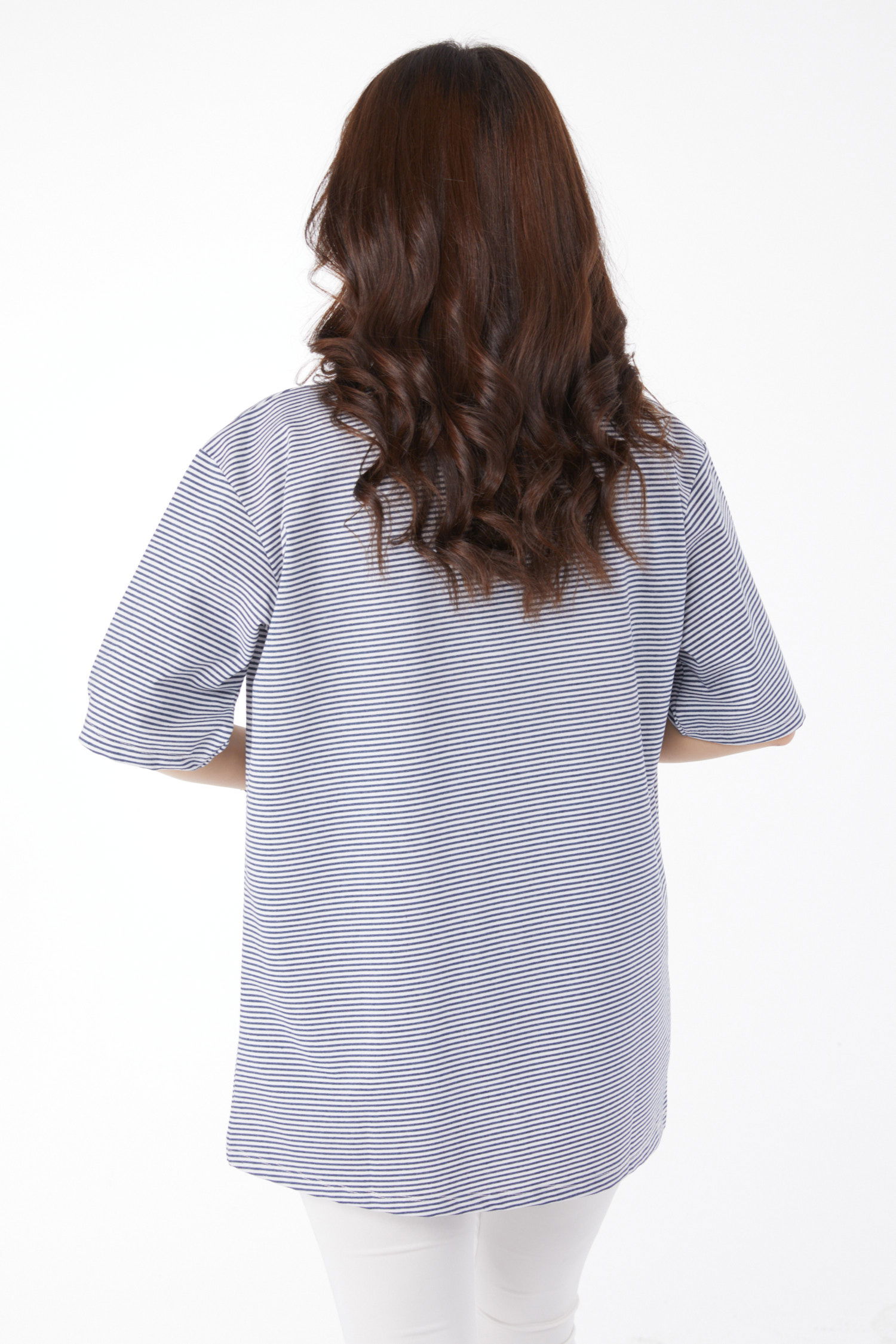 Düz Bisiklet Yaka Kadın Lacivert Çizglİi T-short - 25119 - 5
