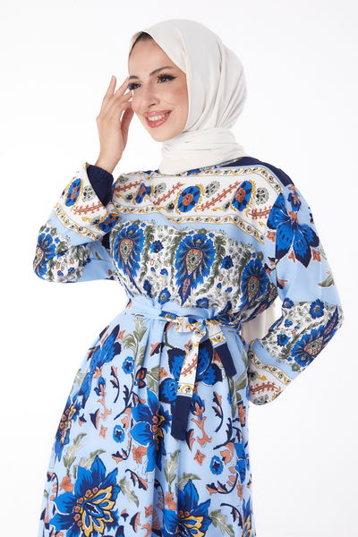 Düz Bisiklet Yaka Kadın Lacivert Desenli Elbise - 26234 