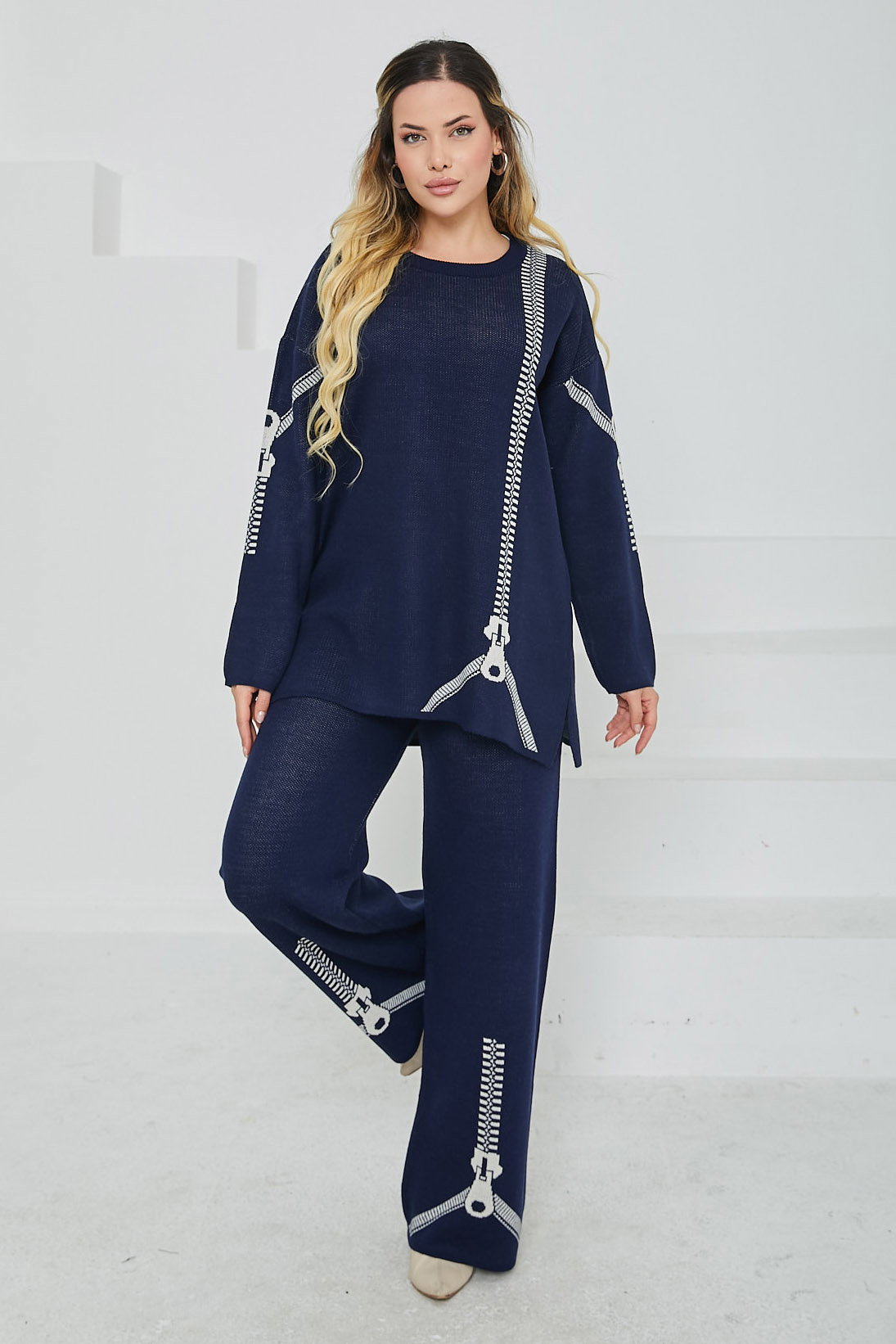 Düz Bisiklet Yaka Kadın Lacivert Desenli Triko Takım - 26699 - 3
