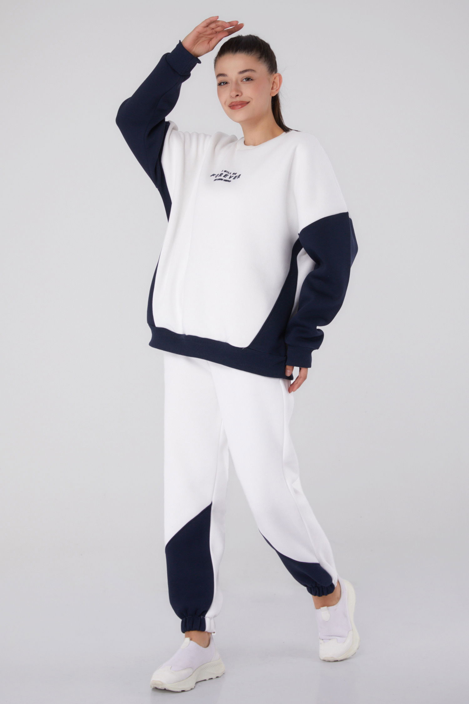 Düz Bisiklet Yaka Kadın Lacivert Garnili Eşofman Takımı - 26277 - 1