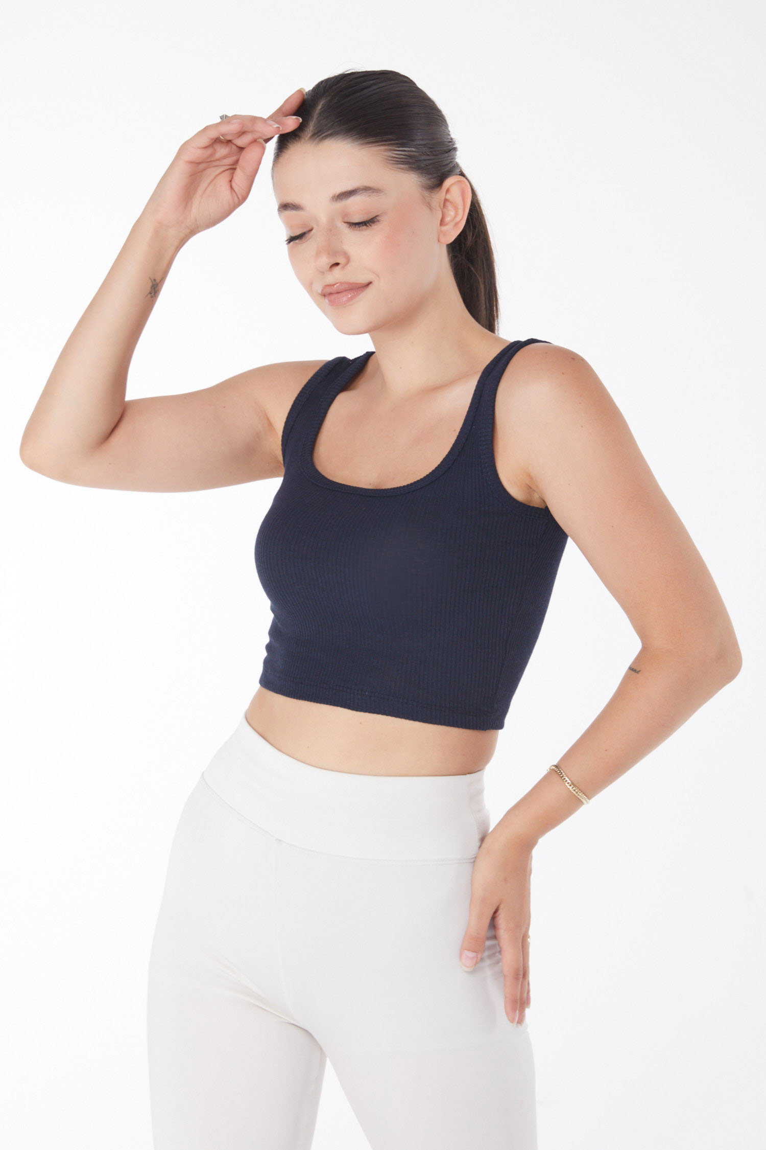 Düz Bisiklet Yaka Kadın Lacivert Kare Yaka Kısa Kollu Crop - 24439 - 3