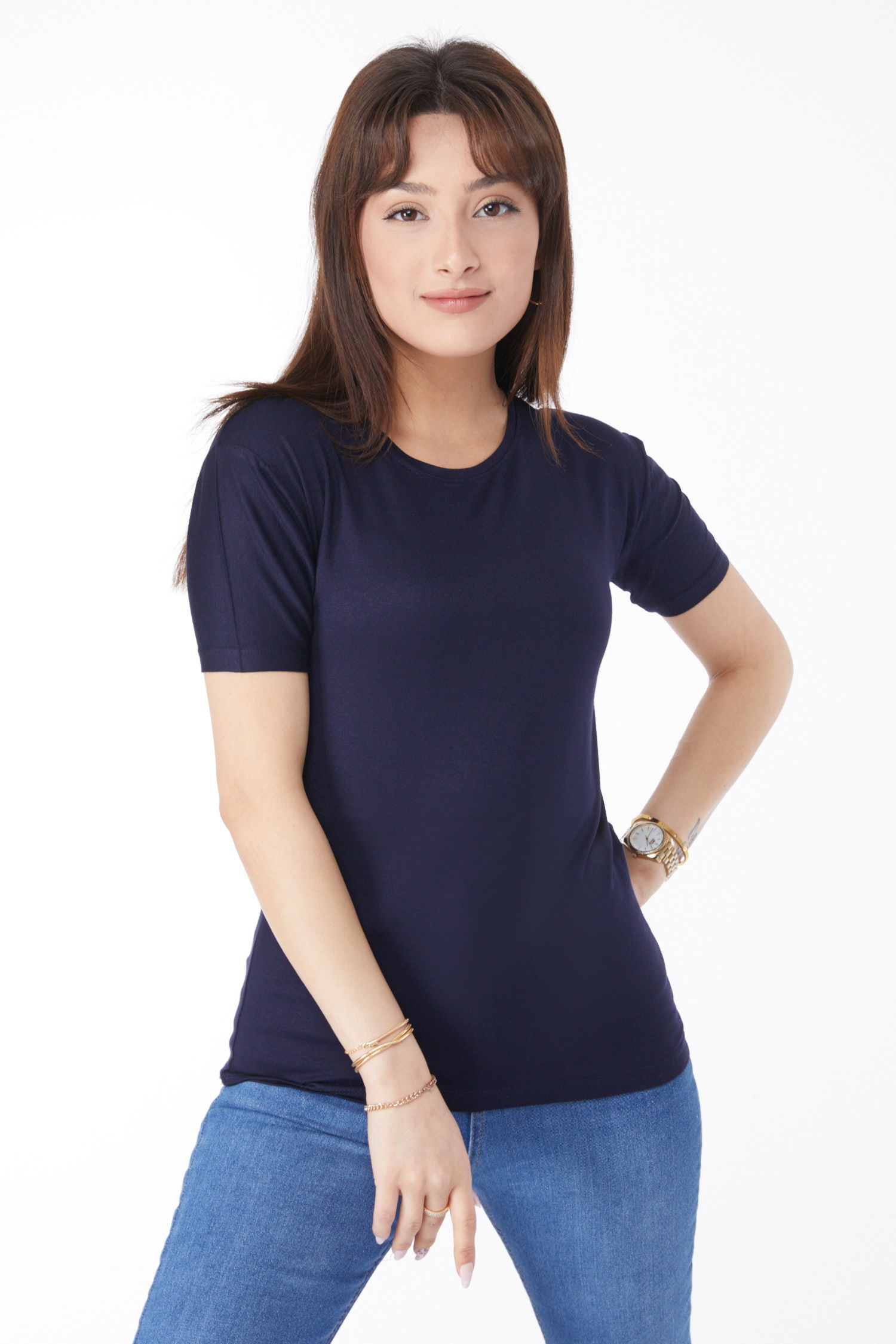 Kısa Kollu Baskısız T-shirt Lacivert - 24764 - 2