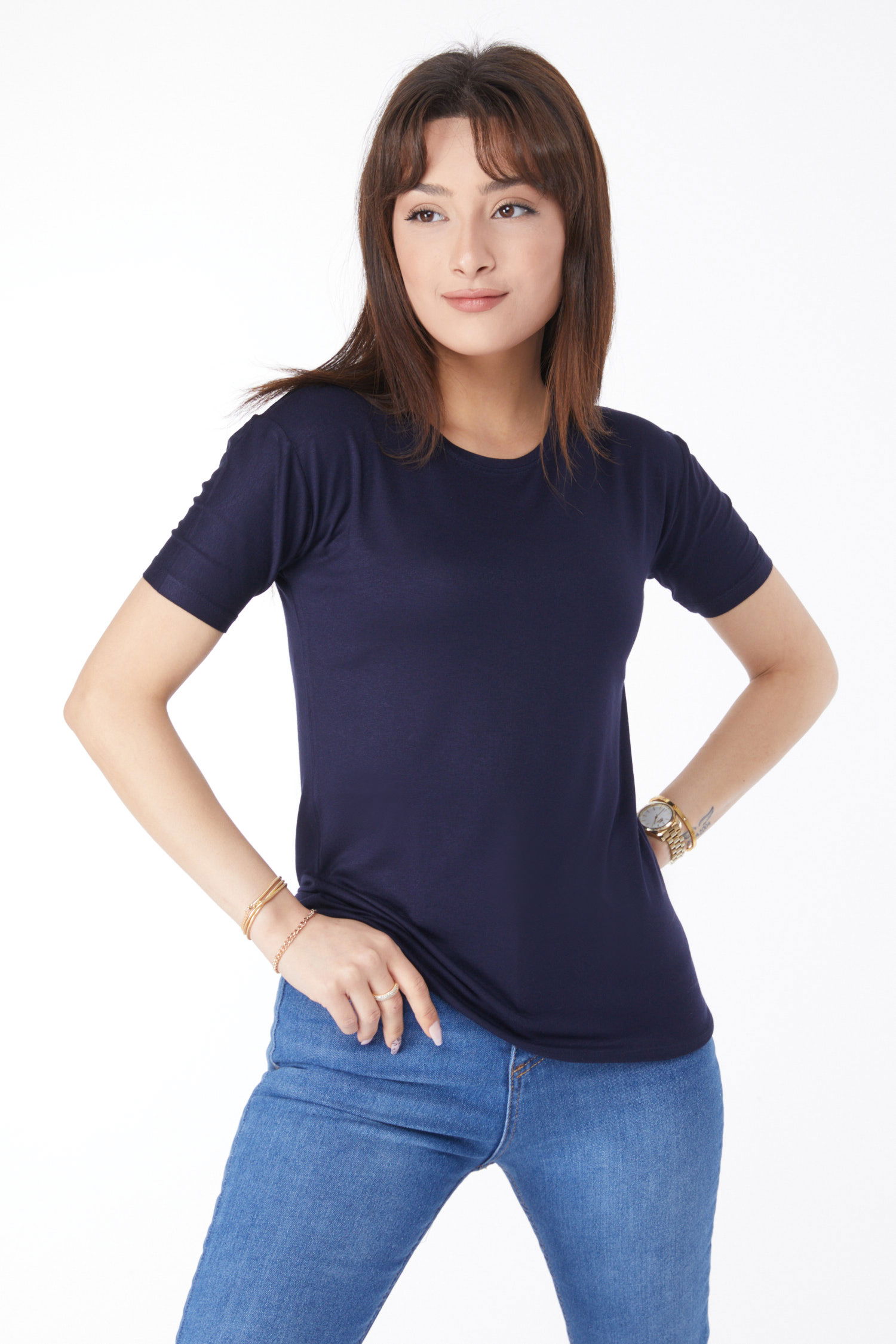 Kısa Kollu Baskısız T-shirt Lacivert - 24764 - 3