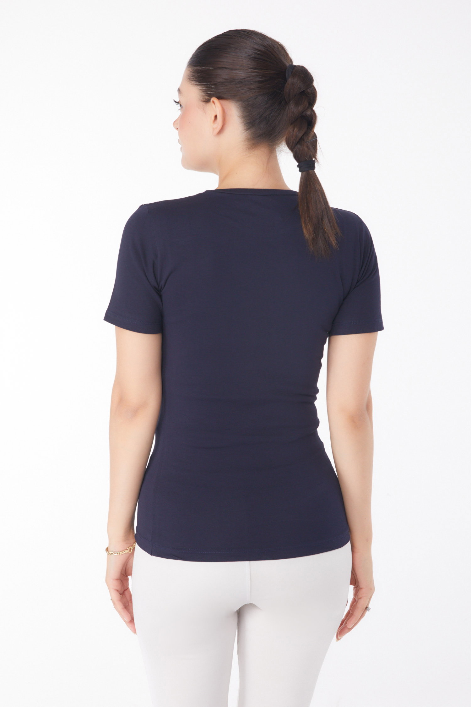 Düz Bisiklet Yaka Kadın Lacivert Kısa Kollu T-shirt - 25768 - 5