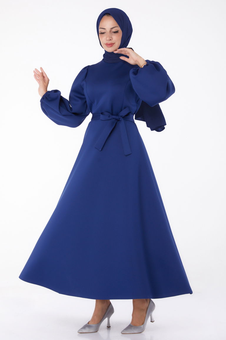 Düz Bisiklet Yaka Kadın Lacivert Kuşaklı Elbise - 26272 - TOFİSA