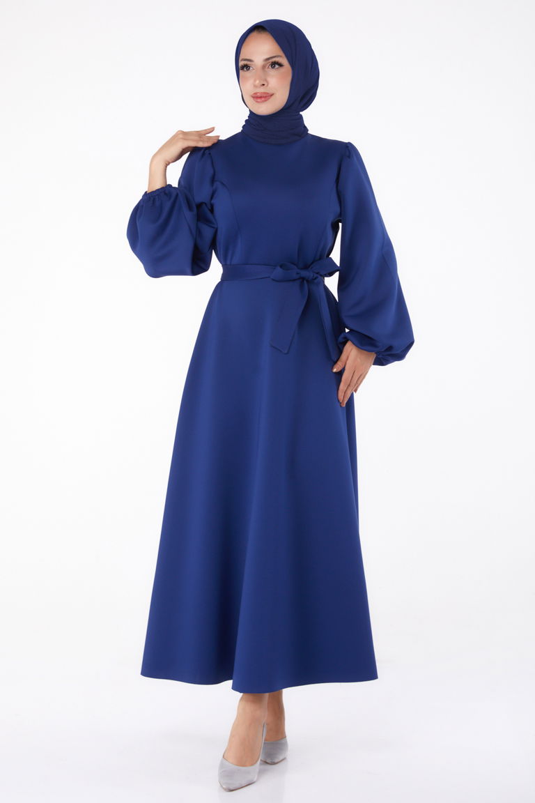 Düz Bisiklet Yaka Kadın Lacivert Kuşaklı Elbise - 26272 - TOFİSA
